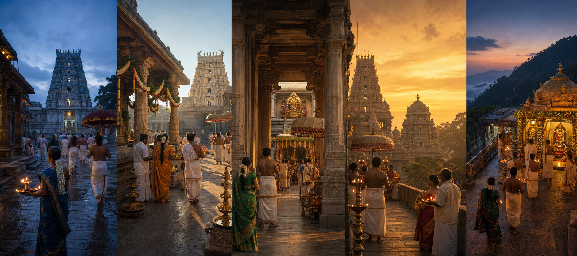 Five connected temple vignettes show a sequence of worship at a temple town and a hill shrine.