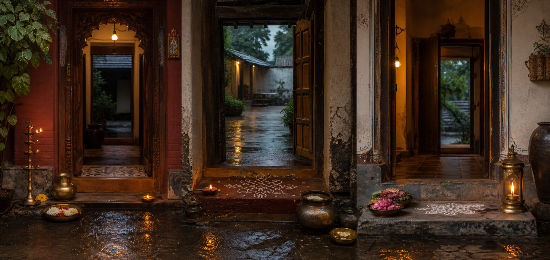 Three distinct household thresholds with varied ritual vessels and flowers are linked by glowing oil lamps at monsoon twilight.