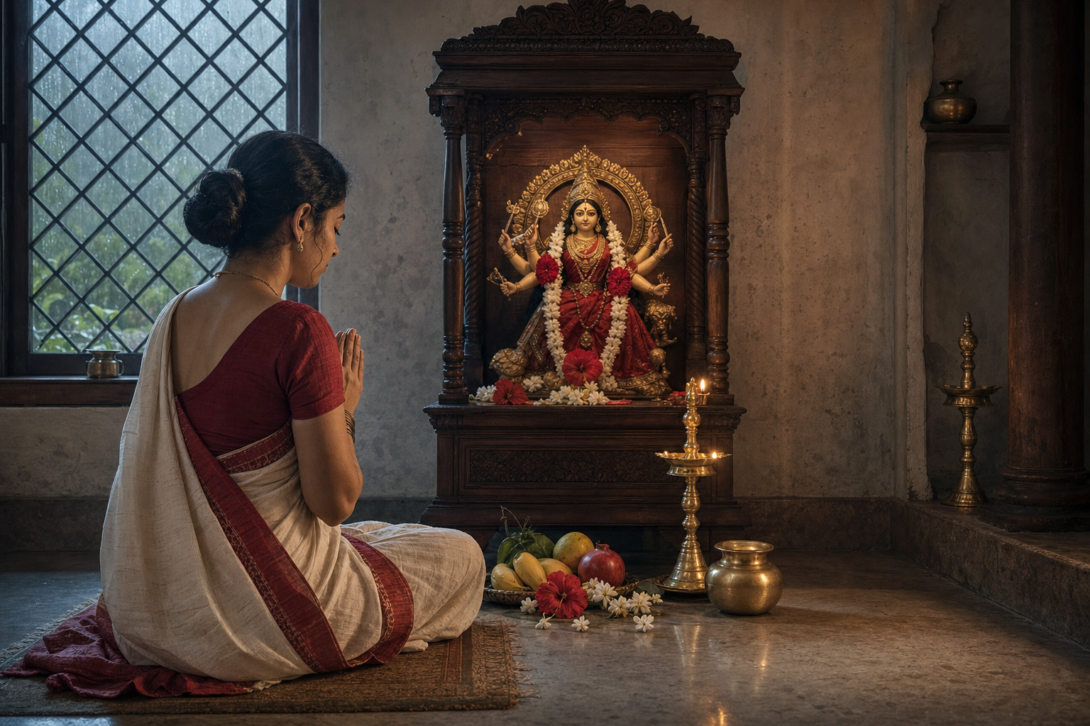 A woman prays before a small Shakti shrine with a lamp, flowers, fruit and a water vessel during a vrata.