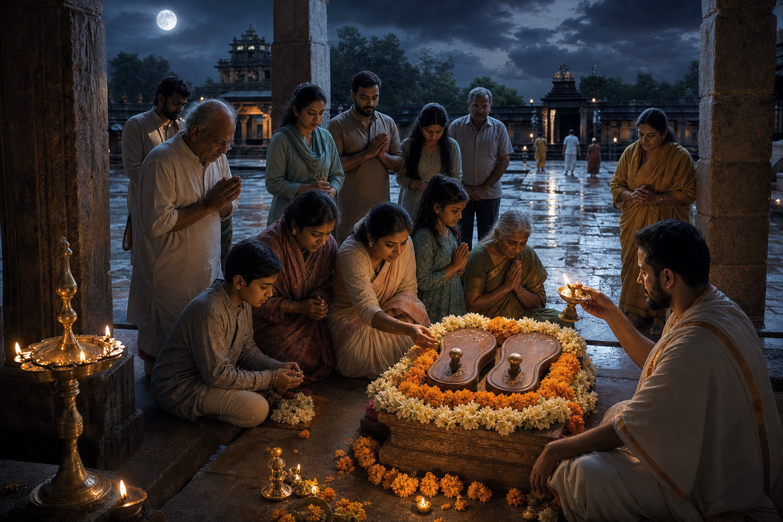 Devotees offer flowers and bow before sacred wooden Padukas in a lamp-lit temple courtyard.