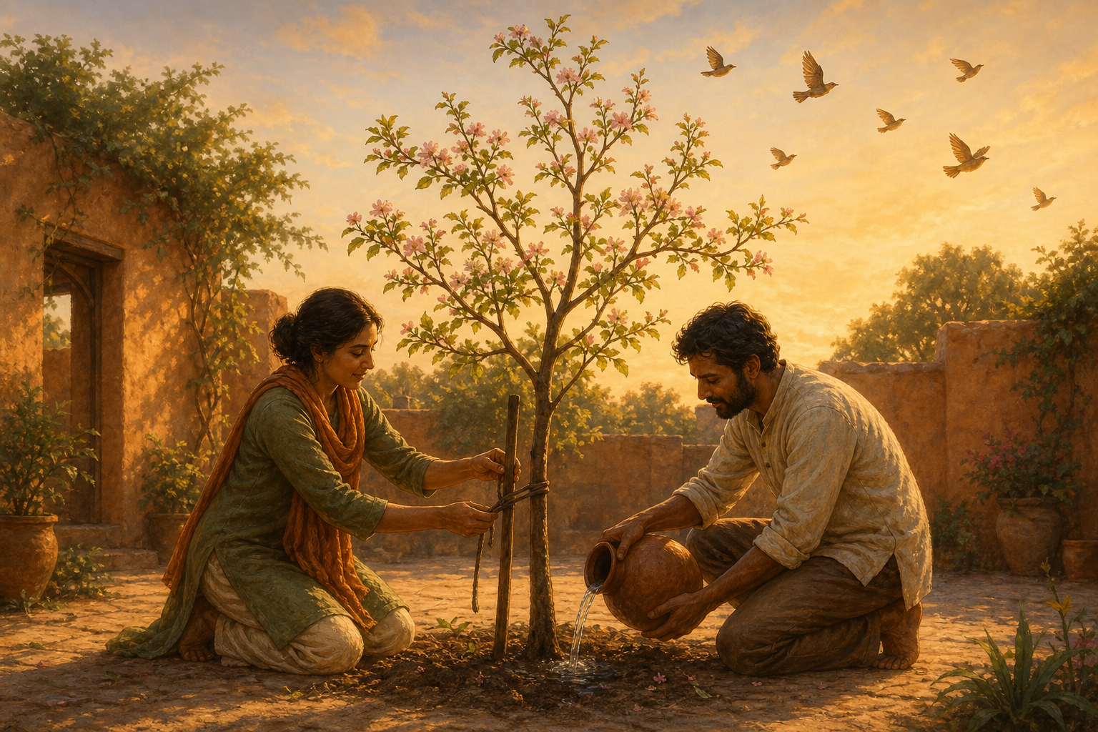 Two people care for a young flowering tree, loosening a tight support tie and watering its roots as birds fly above the courtyard.