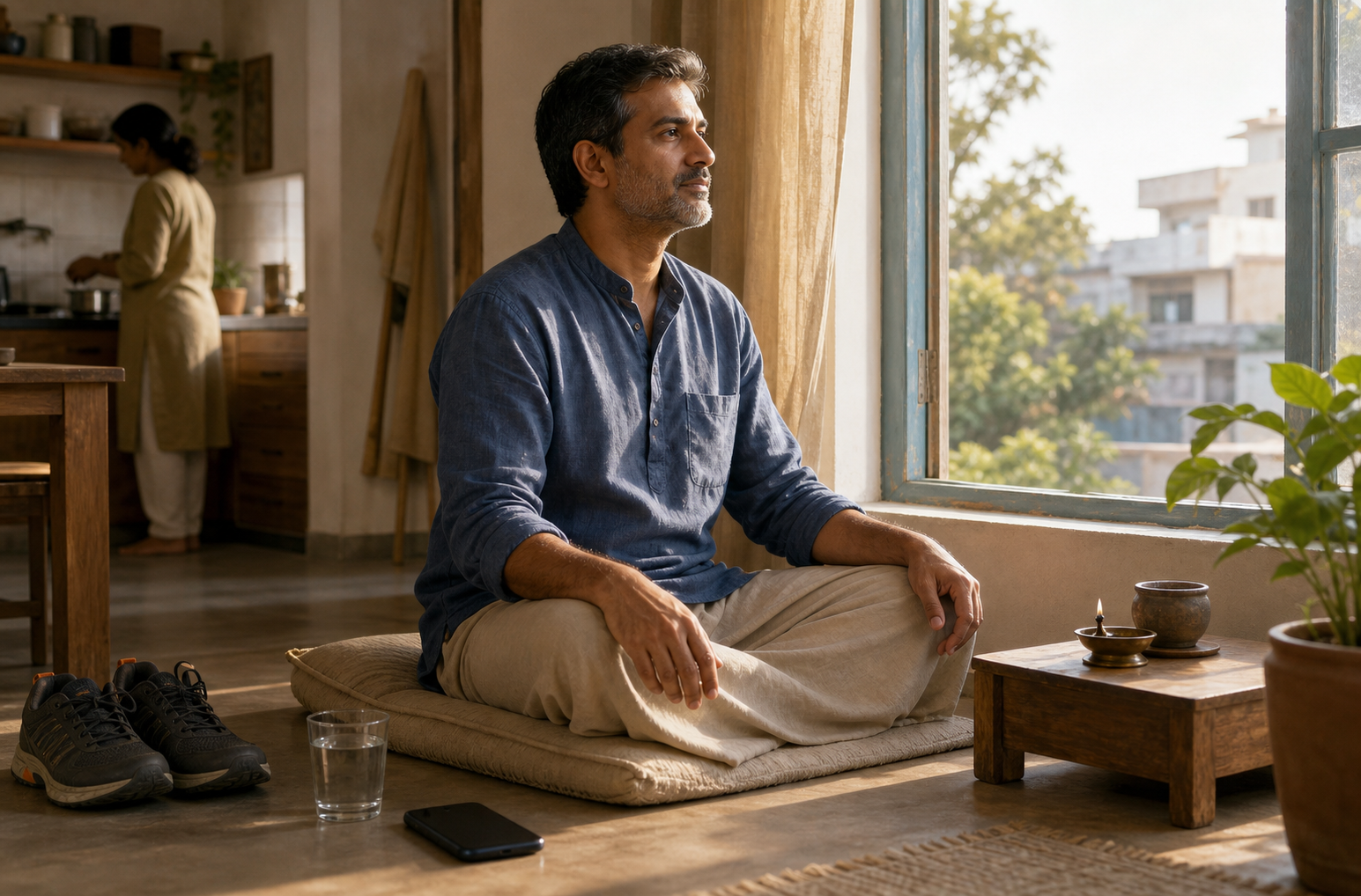 A person sits quietly beside an open window at dawn, with a face-down phone, cup, walking shoes, and small oil lamp nearby.