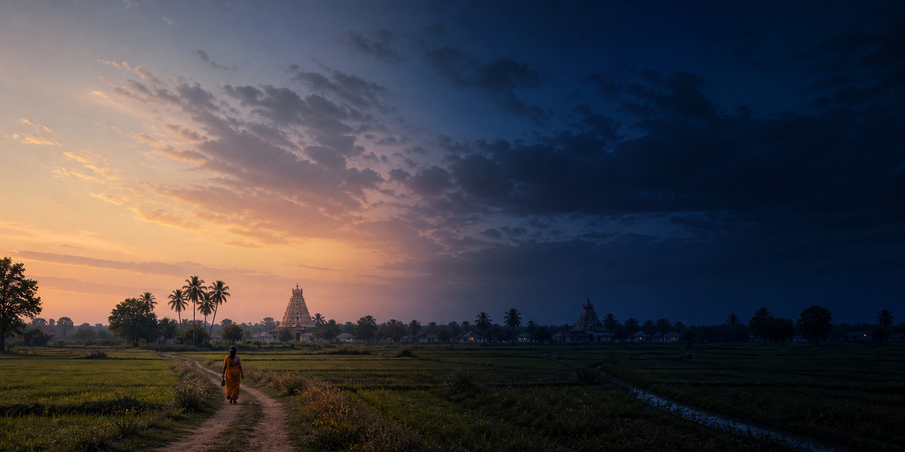 The same Indian landscape shown in late afternoon and after sunset beneath a moonless sky, joined as one continuous scene.