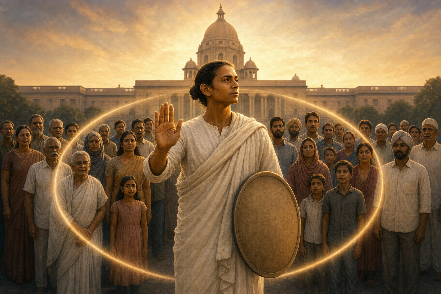 An unarmed civic guardian raises an open hand and carries a lowered shield while a diverse community stands near a democratic civic building at dawn.