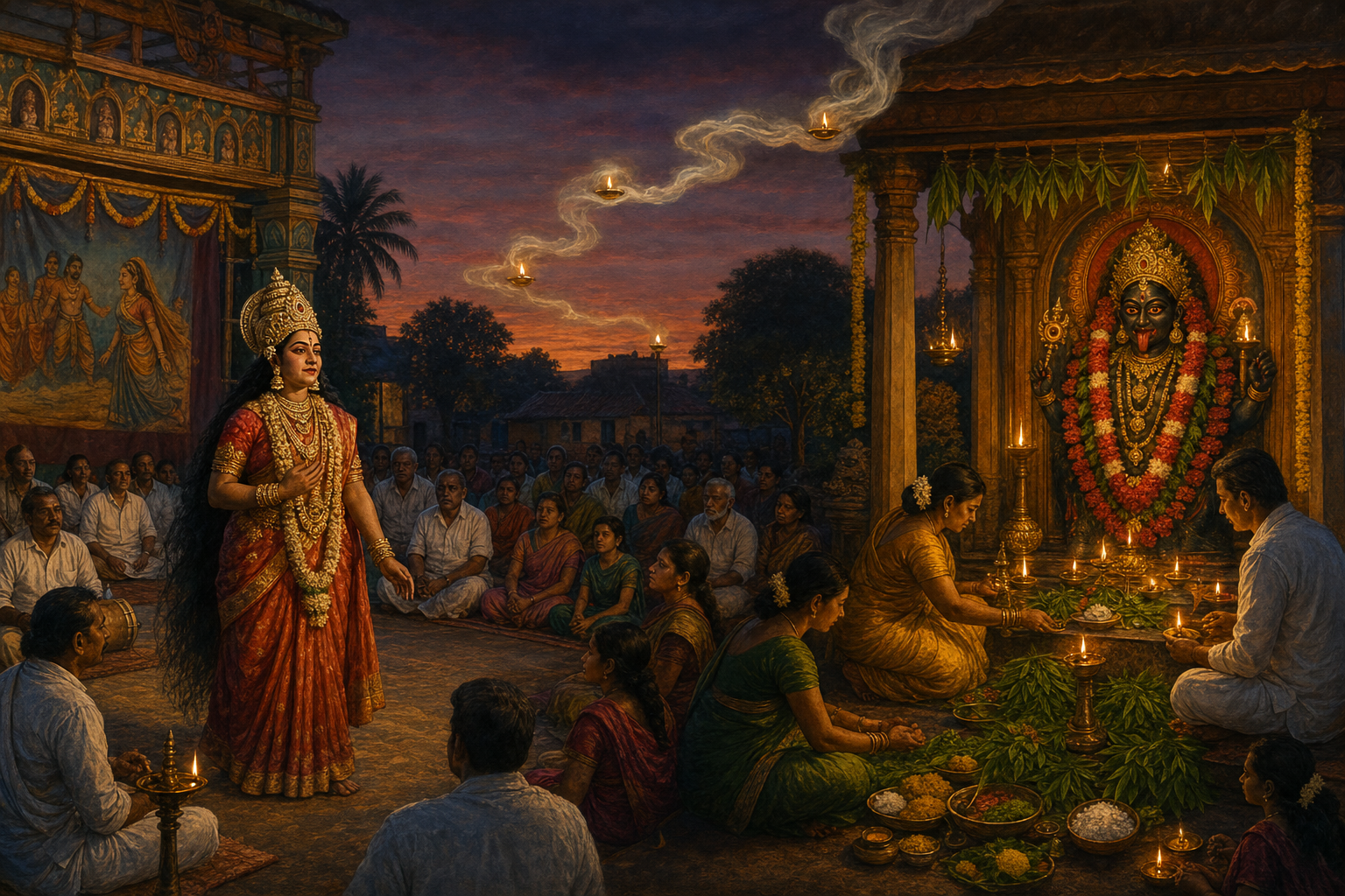 A Tamil ritual drama presents Draupadi before a gathered community beside a separate scene of families making protective offerings at a Mahakali shrine.