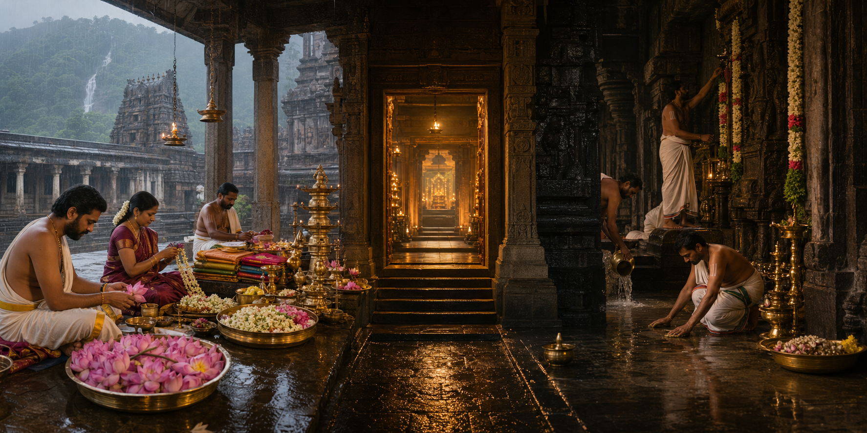 Temple priests prepare flowers and ritual vessels in one shrine while attendants cleanse and decorate another temple interior.