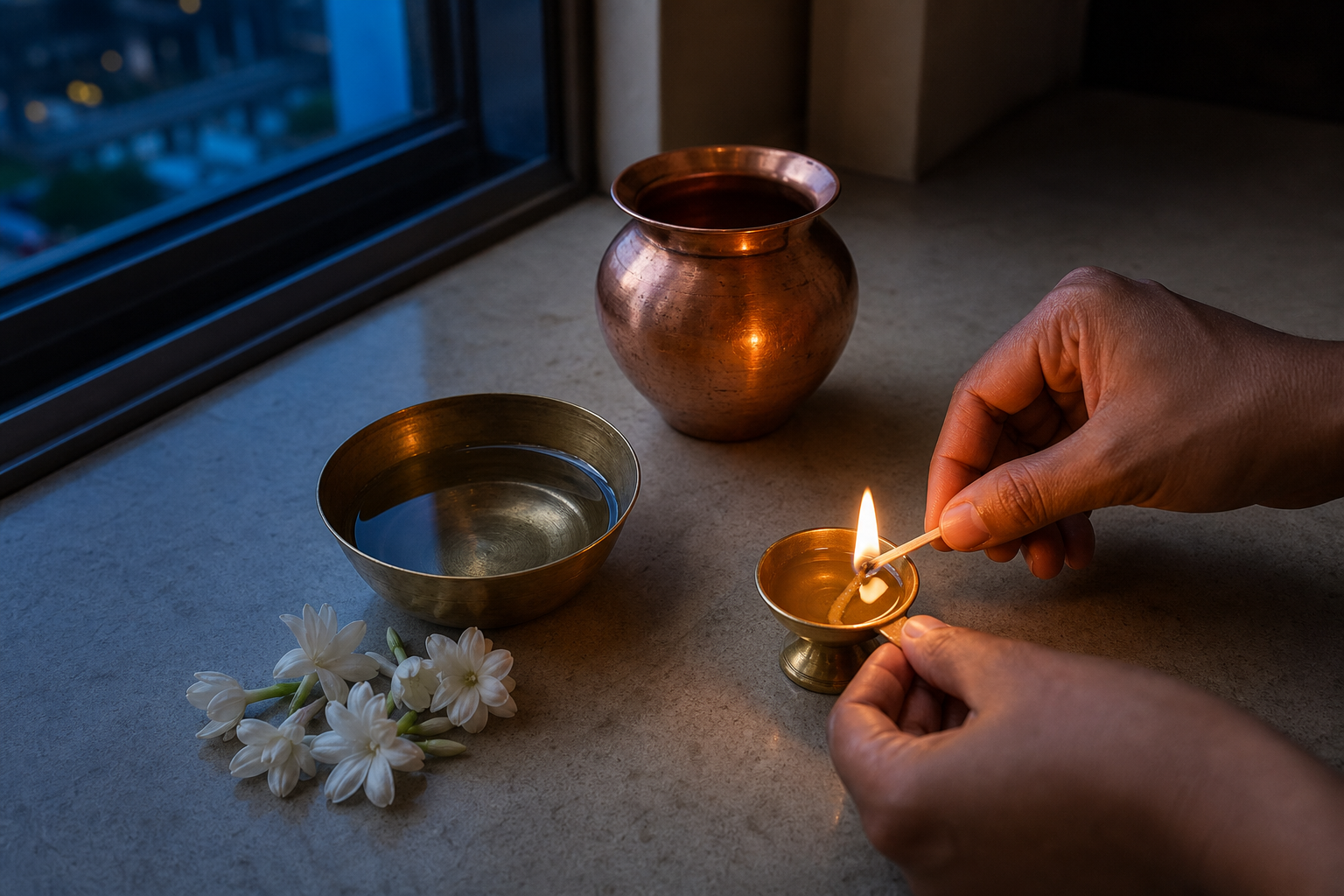 Hands light a small brass oil lamp beside jasmine flowers, water, and a copper vessel in a simple shrine at dusk.