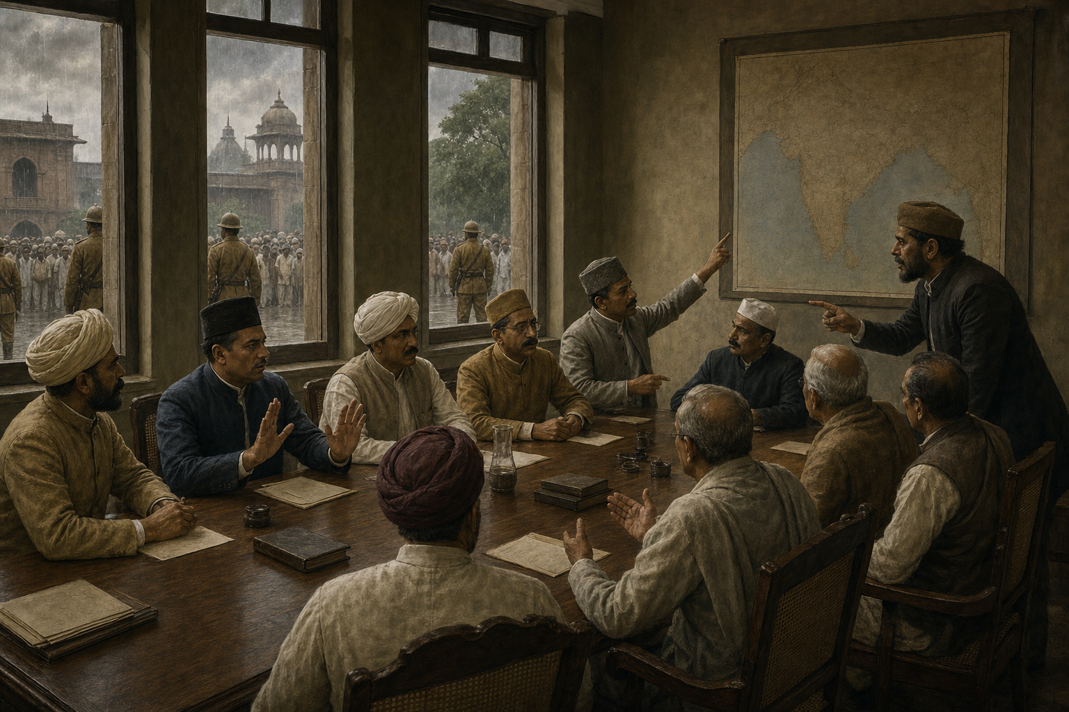 Colonial-era Indian delegates debate around a wooden table while sentries and a civilian crowd are visible outside the meeting hall.