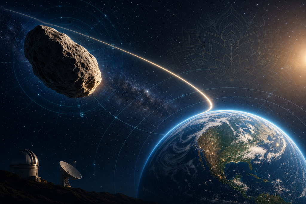 Asteroid Apophis safely flying past Earth along a glowing orbital path with astronomy tracking overlays
