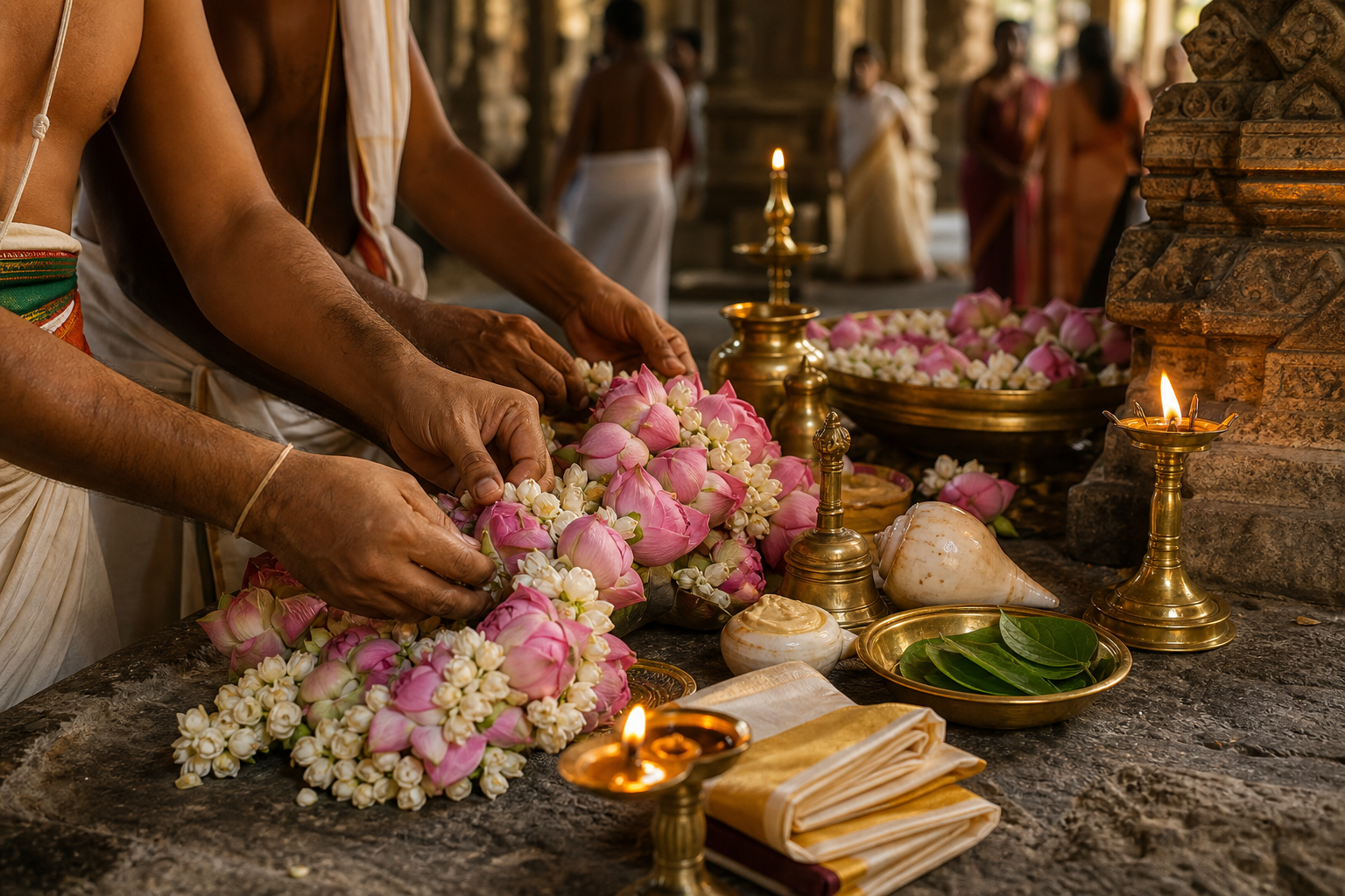 Priests arrange flower garlands, brass lamps, conch shells, water vessels, silk, and other ritual materials on a stone platform.
