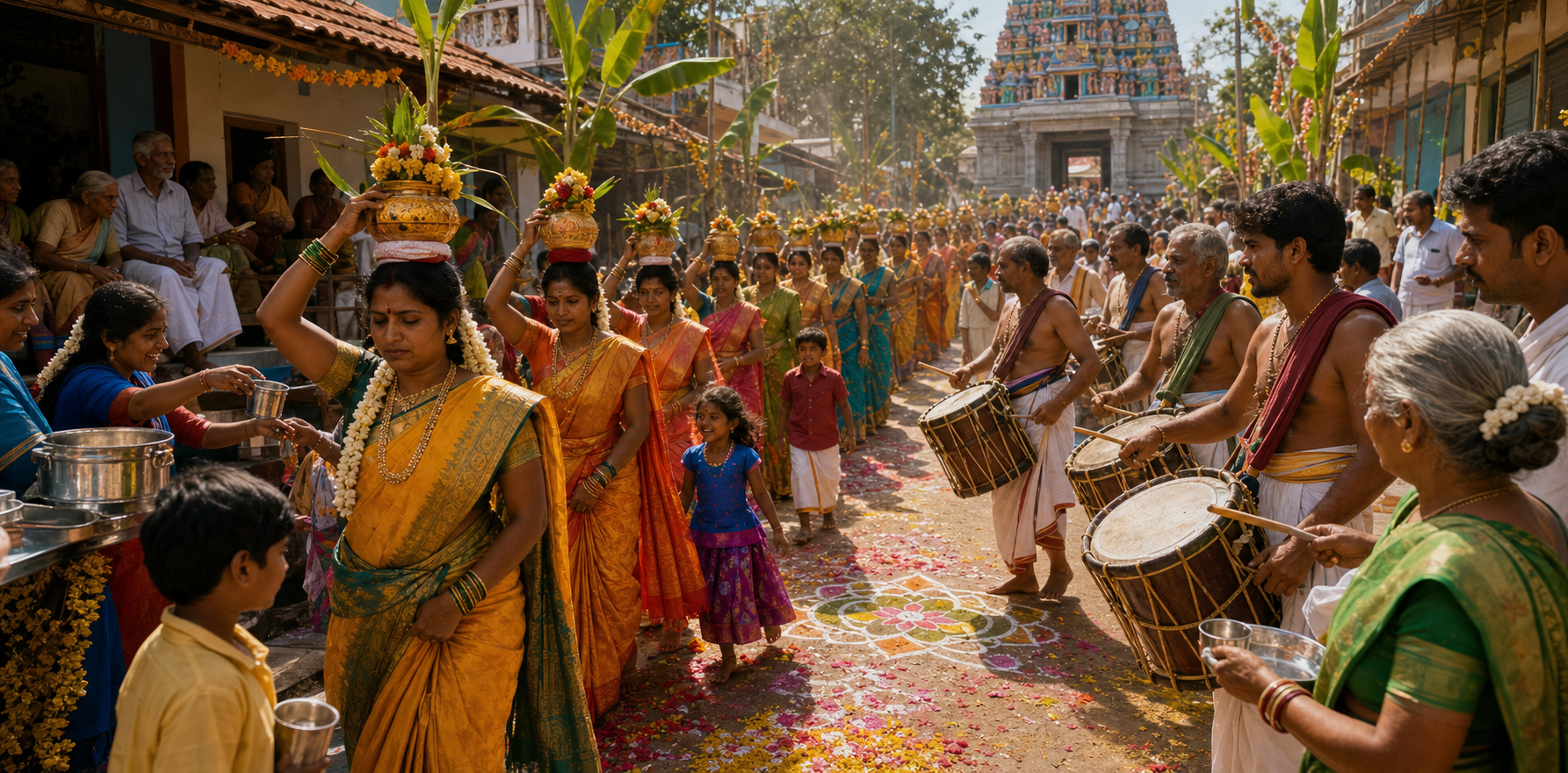 Women, drummers, elders, children and volunteers take part together in a South Indian goddess festival procession near a temple.