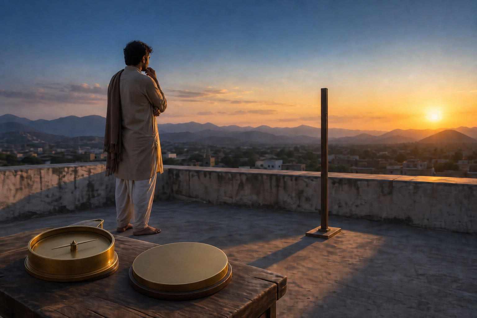 An observer on a rooftop looks toward the twilight horizon beside a shadow post, brass compass, and unmarked celestial instrument.