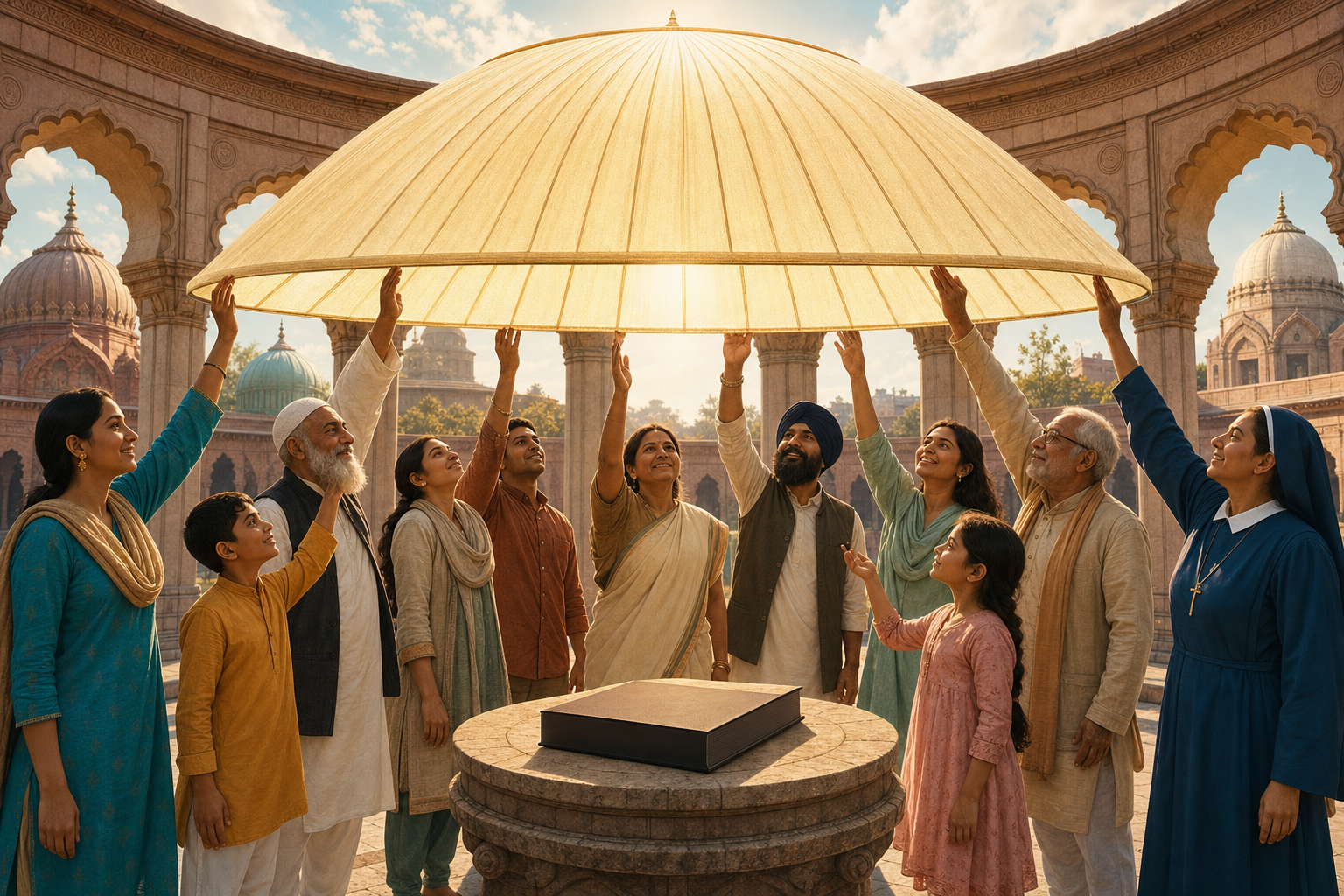 Citizens from different faith backgrounds jointly support a canopy over a circular courtyard with an unmarked book on a central pedestal.