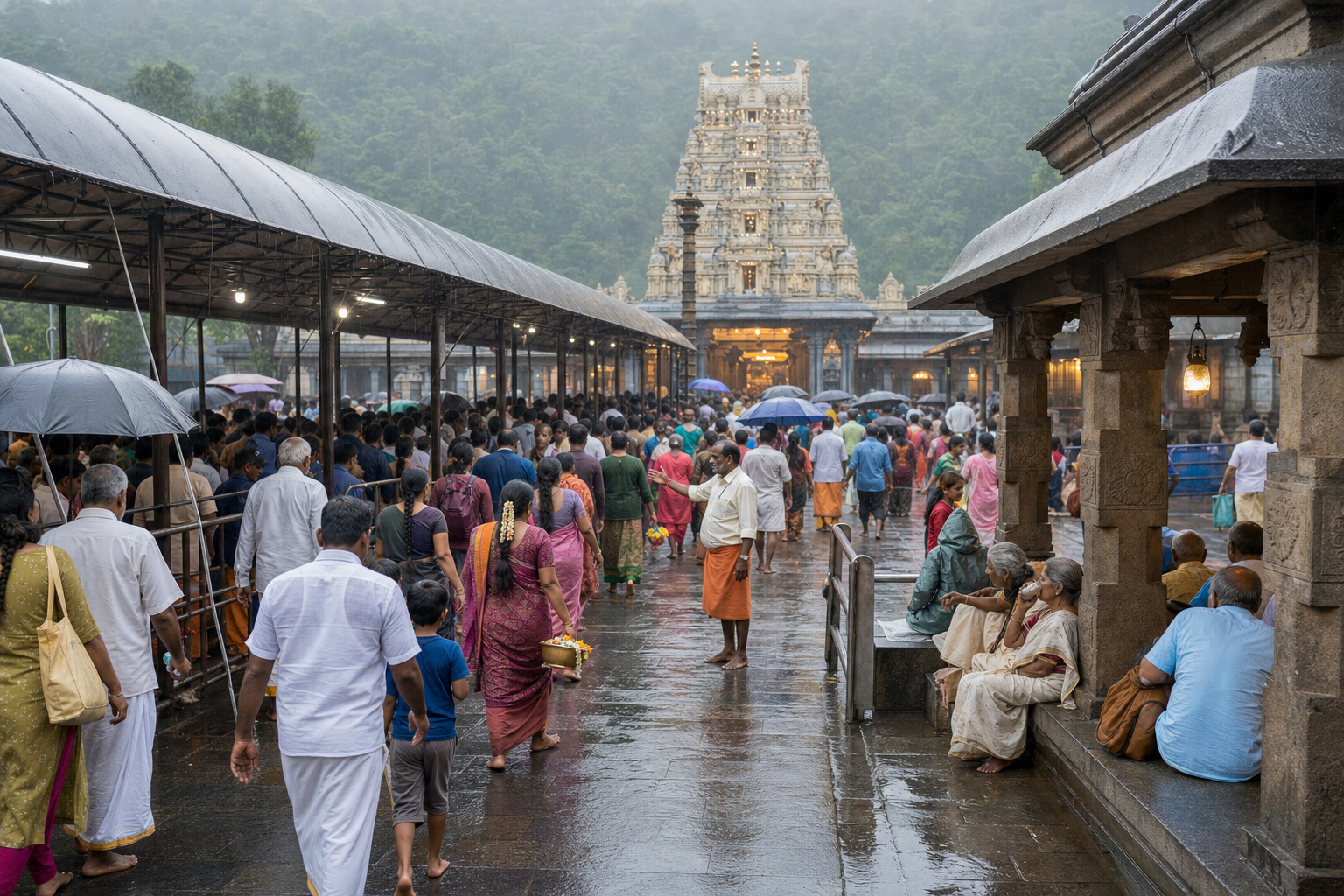 Pilgrims wait in covered queues and walk beneath umbrellas toward a hill temple during monsoon weather.