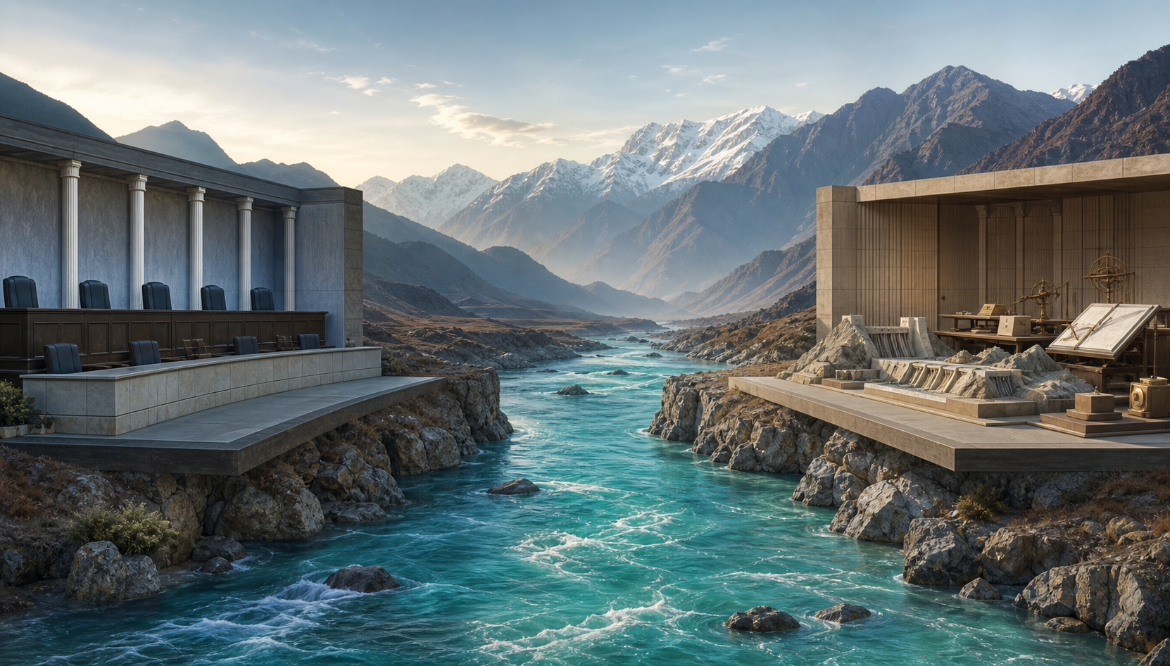 An Indus river landscape between an empty courtroom setting and an engineering review chamber on opposite banks.