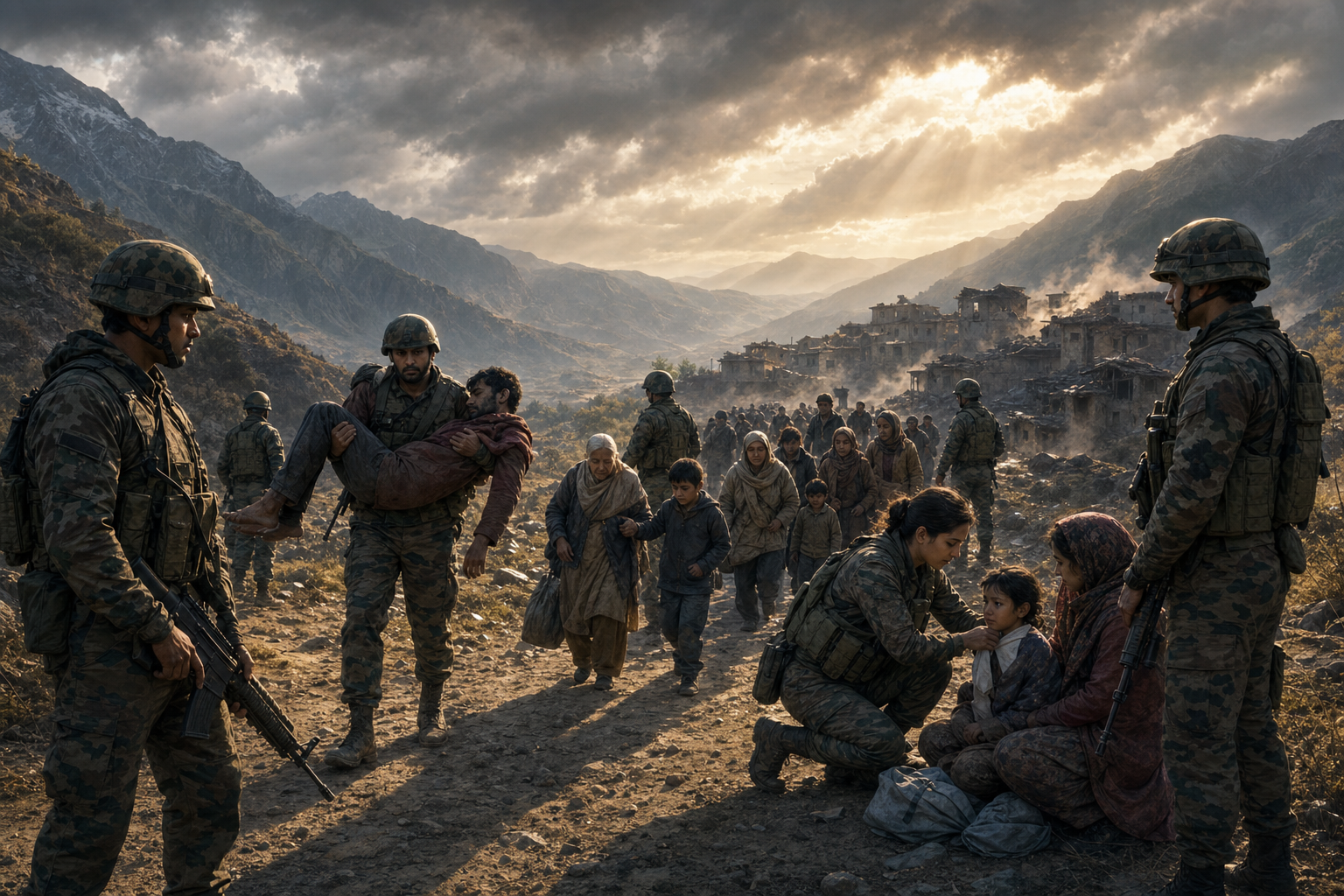 Defence personnel create a safe corridor, carry an injured civilian, and assist families leaving a damaged village in the hills.