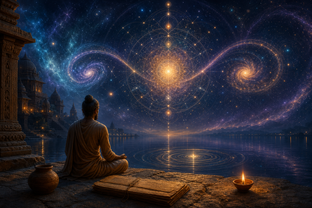 Meditating seeker beside a lake facing a luminous cosmic mandala in a star-filled sky