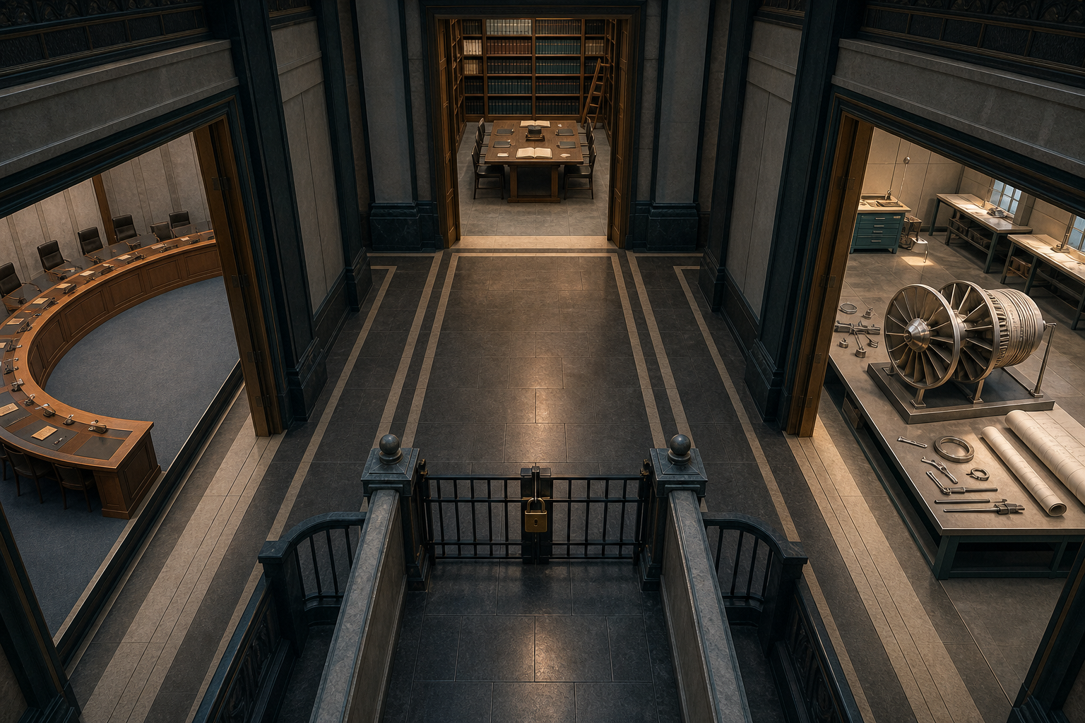 Two parallel corridors lead from an archive room to an arbitration chamber and a technical engineering workspace.