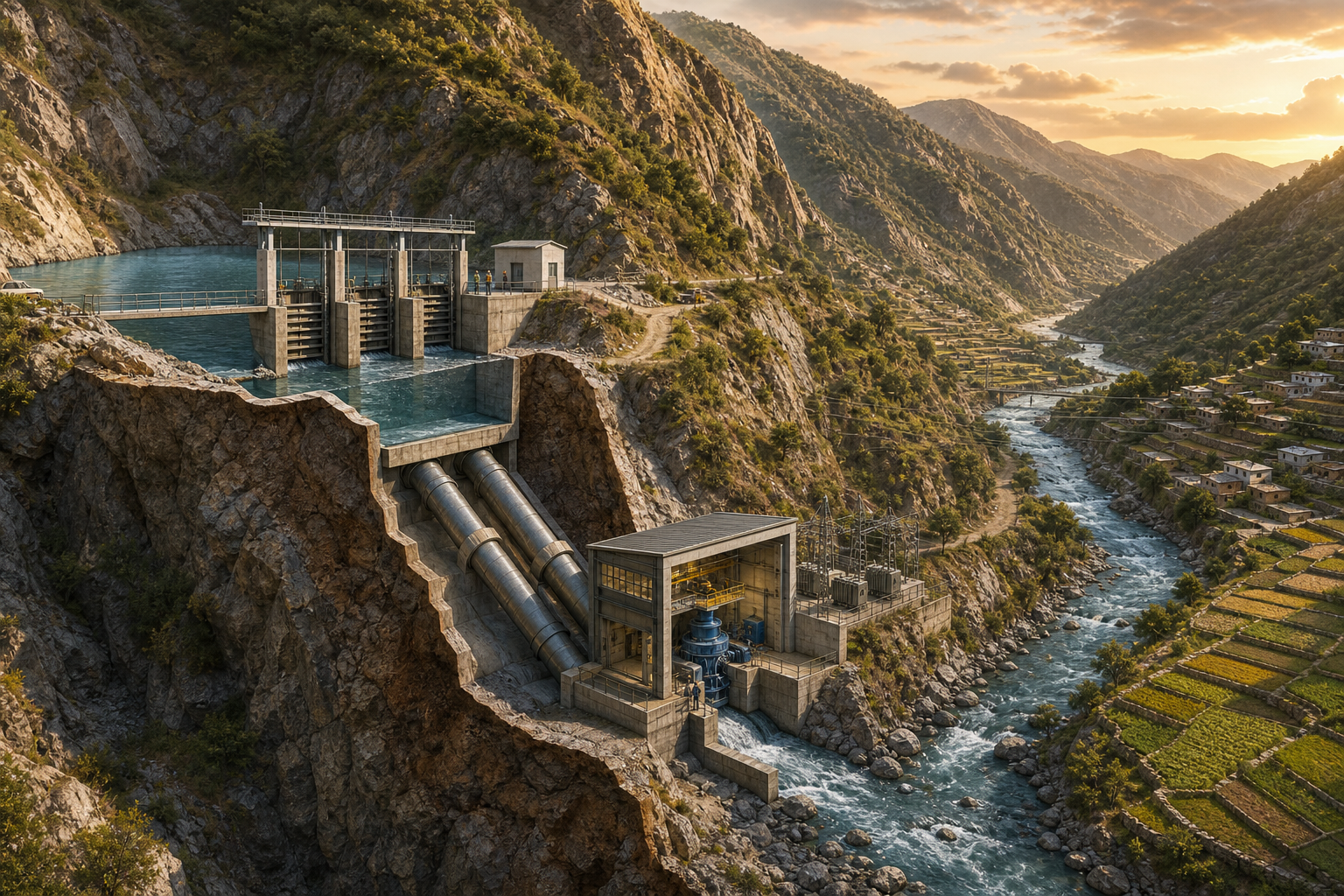 A mountain hydropower facility regulates water through gates and penstocks above downstream farms and settlements.