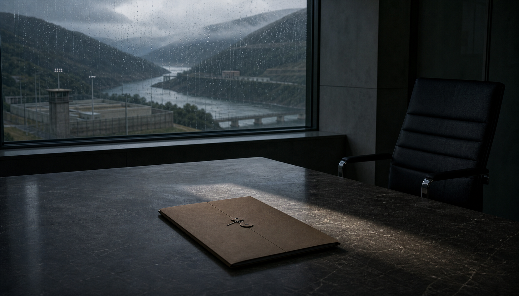 A closed treaty folder lies on a conference table overlooking guarded river infrastructure through a rain-streaked window.