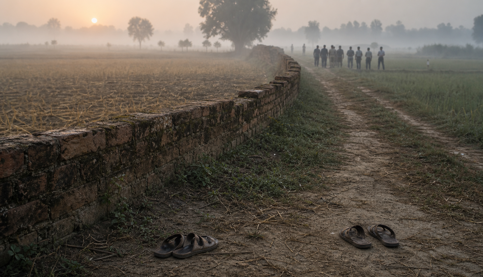 A divided rural field with an old boundary wall, two empty pairs of sandals, and distant police investigators and villagers.