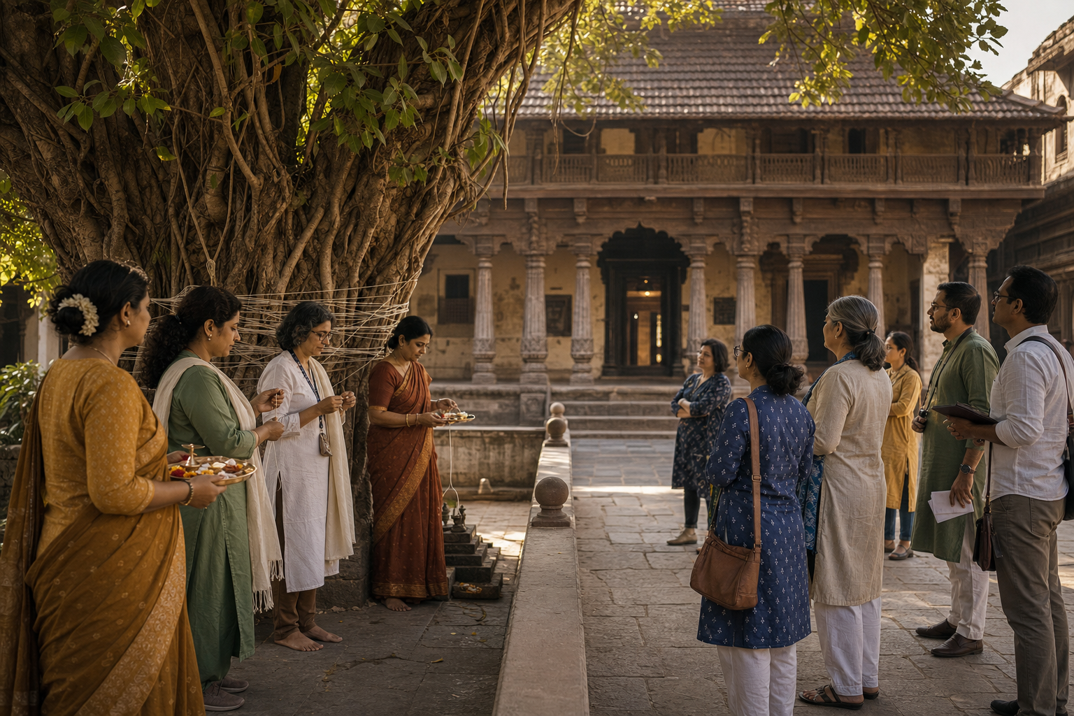 Women, heritage staff and visitors gather peacefully near a banyan tree in the courtyard of a historic Maharashtrian wada.
