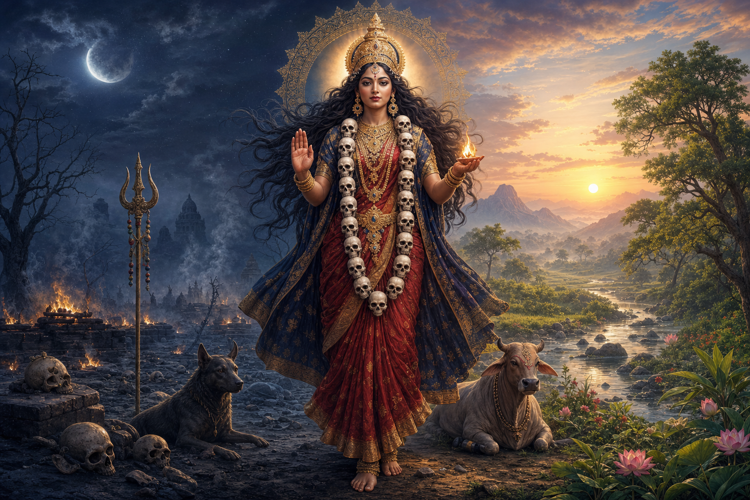 A fierce yet serene goddess wearing a skull garland stands between a moonlit cremation ground and a dawn-lit fertile landscape.