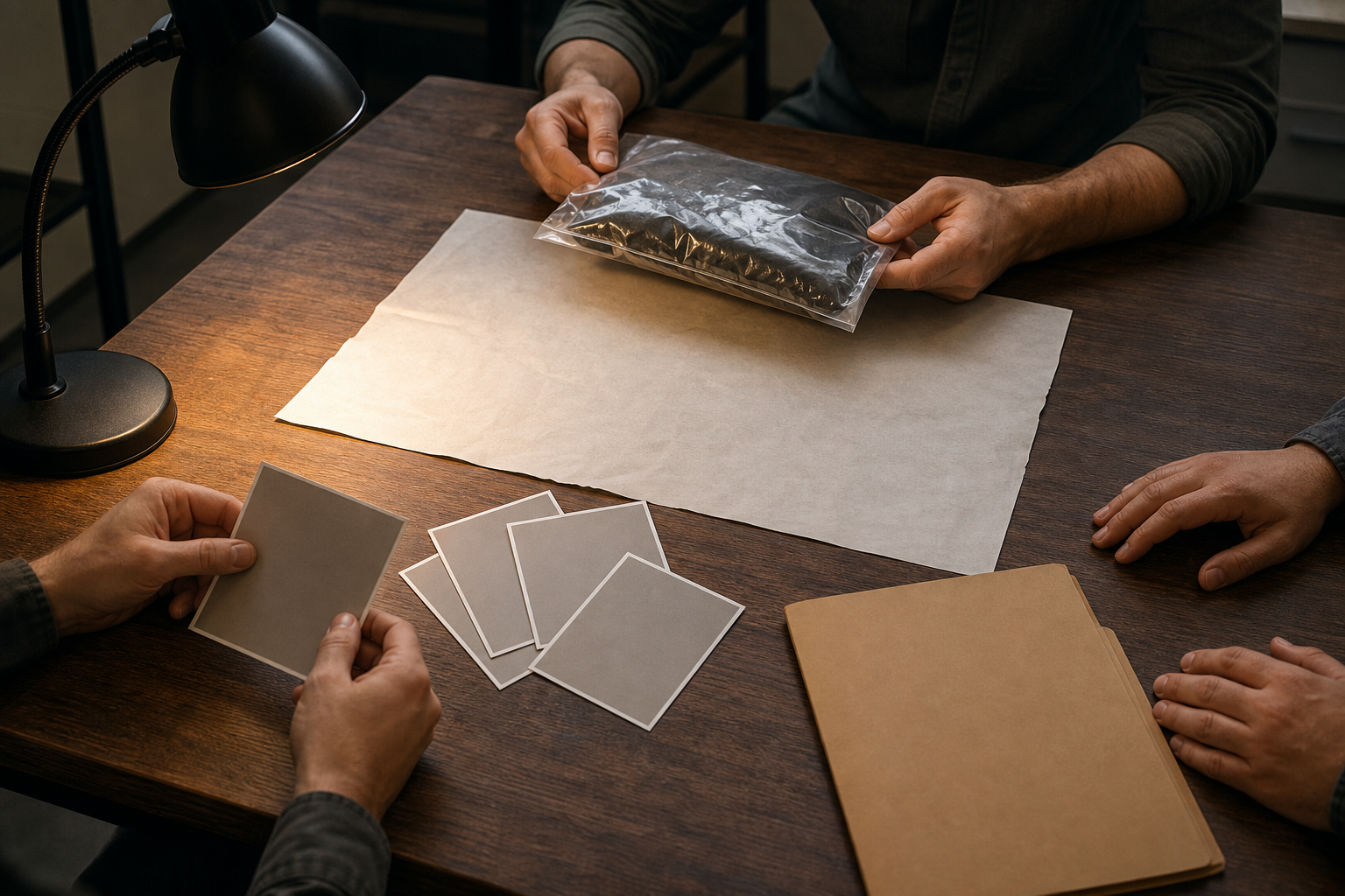 Investigators examine sealed evidence and an unreadable land map on a police office table.