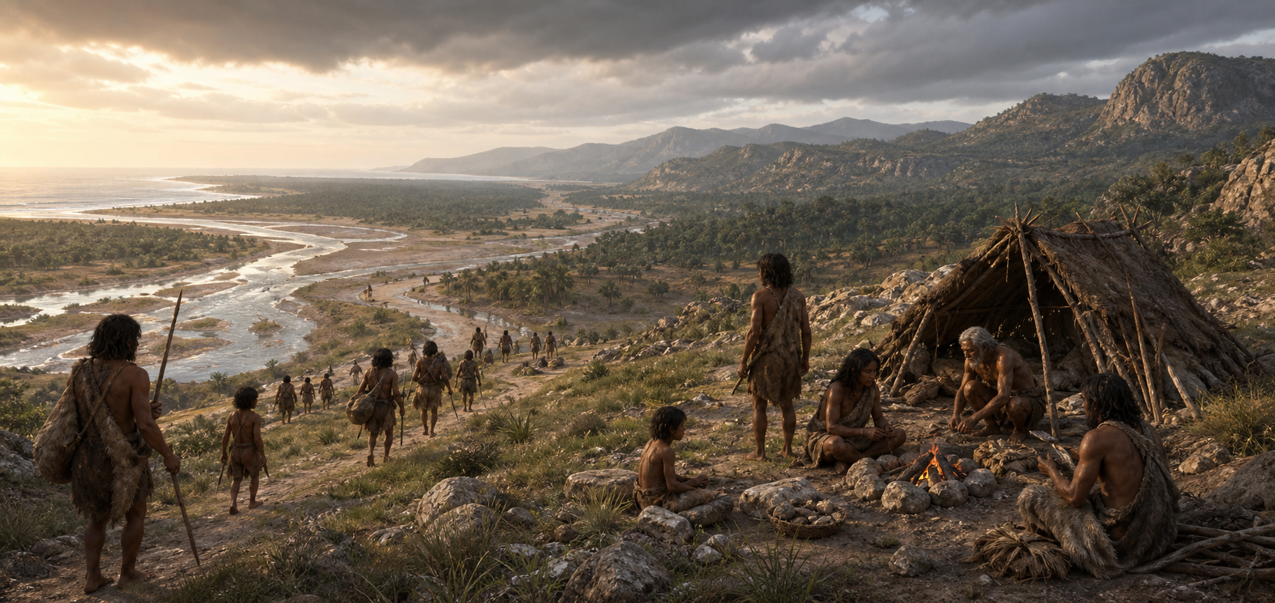 Prehistoric hunter-gatherers travel through a river valley while another community gathers near shelters and a hearth.