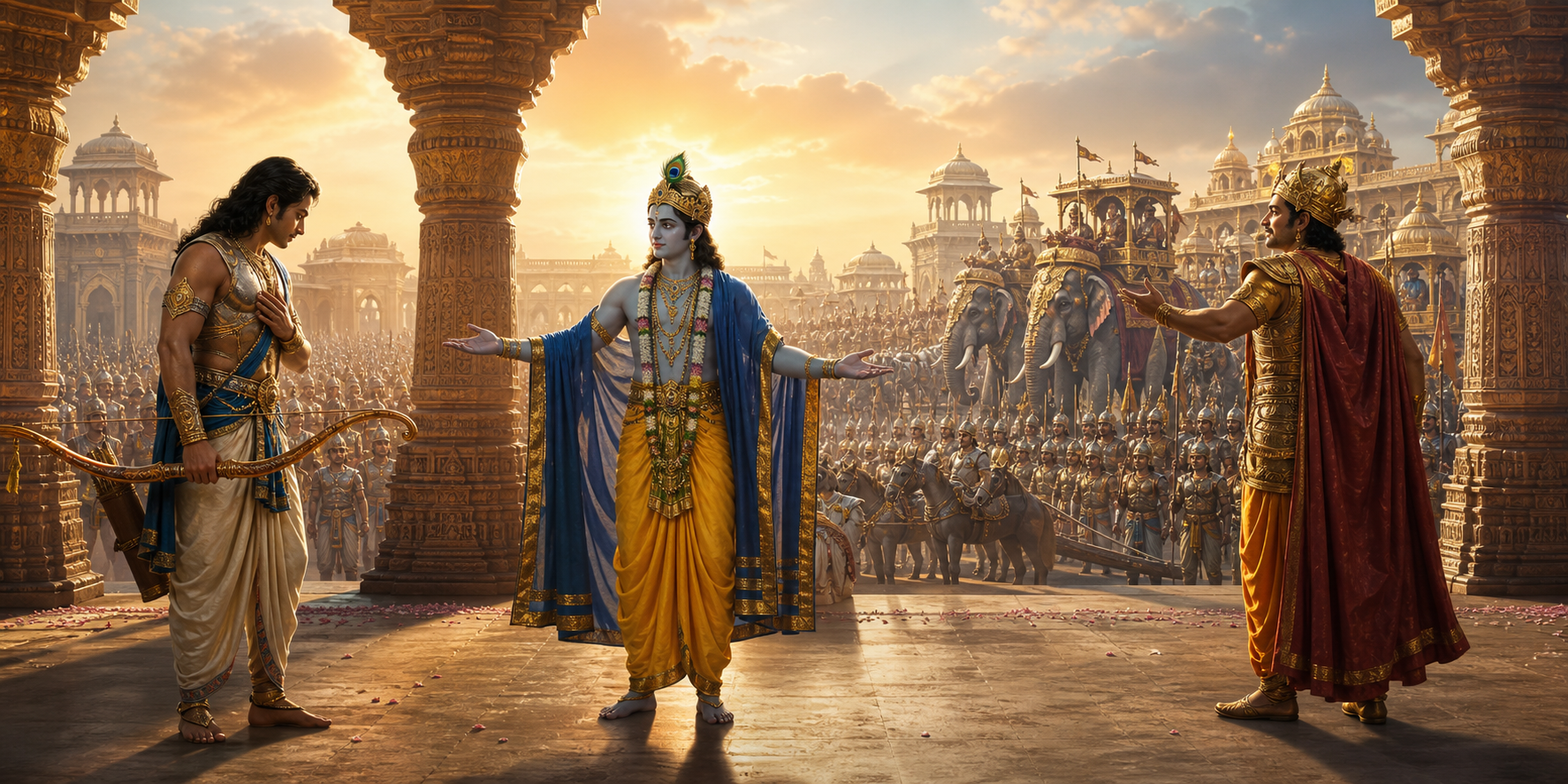 Krishna stands between Arjuna and Duryodhana as Arjuna faces him and Duryodhana turns toward a large assembled army.