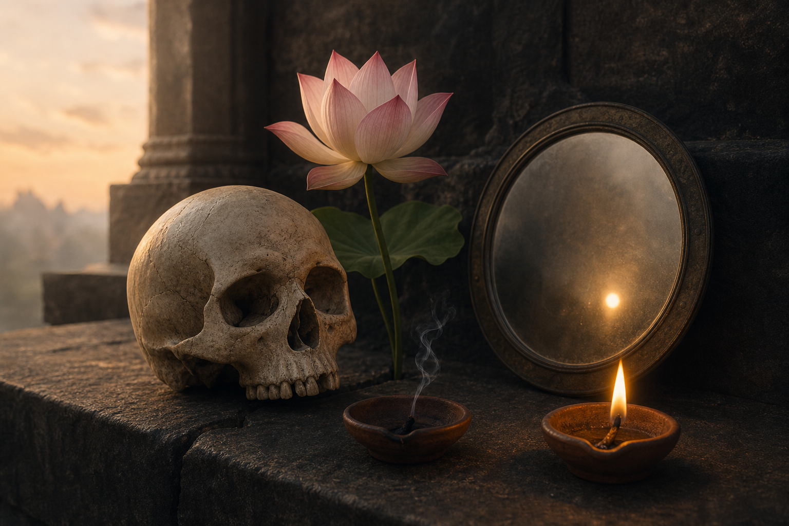 A weathered skull rests beside one extinguished lamp, one glowing lamp, a lotus and a round mirror on a stone altar.