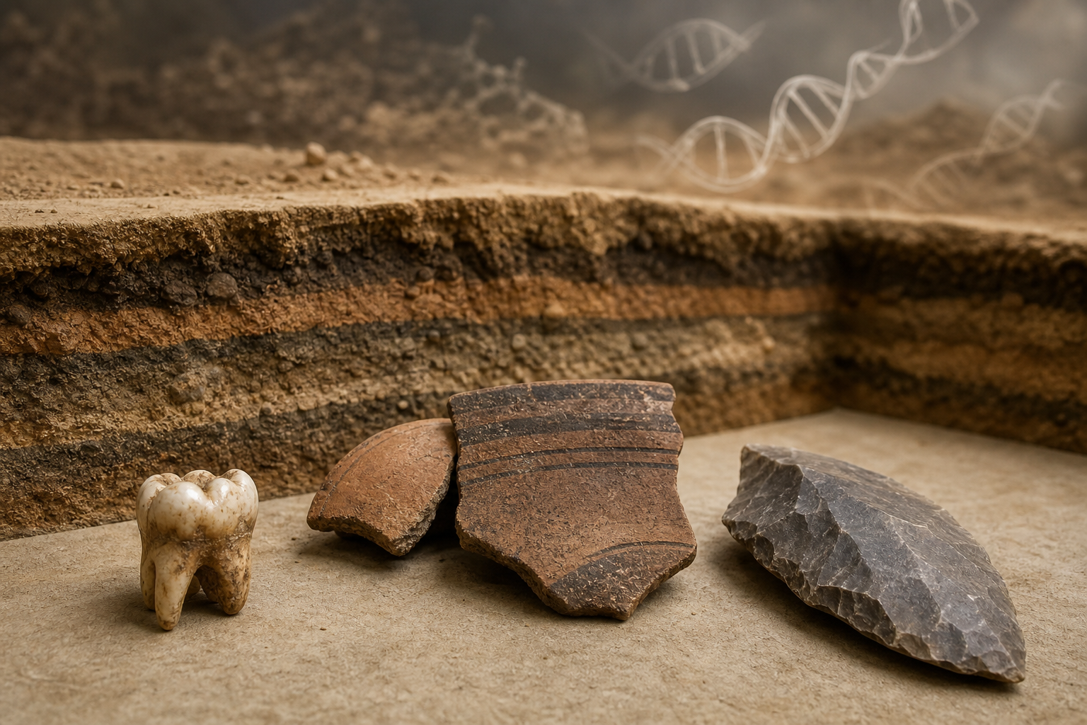 A stone tool, pottery fragments, an ancient tooth and exposed soil layers are arranged on an archaeological work surface.