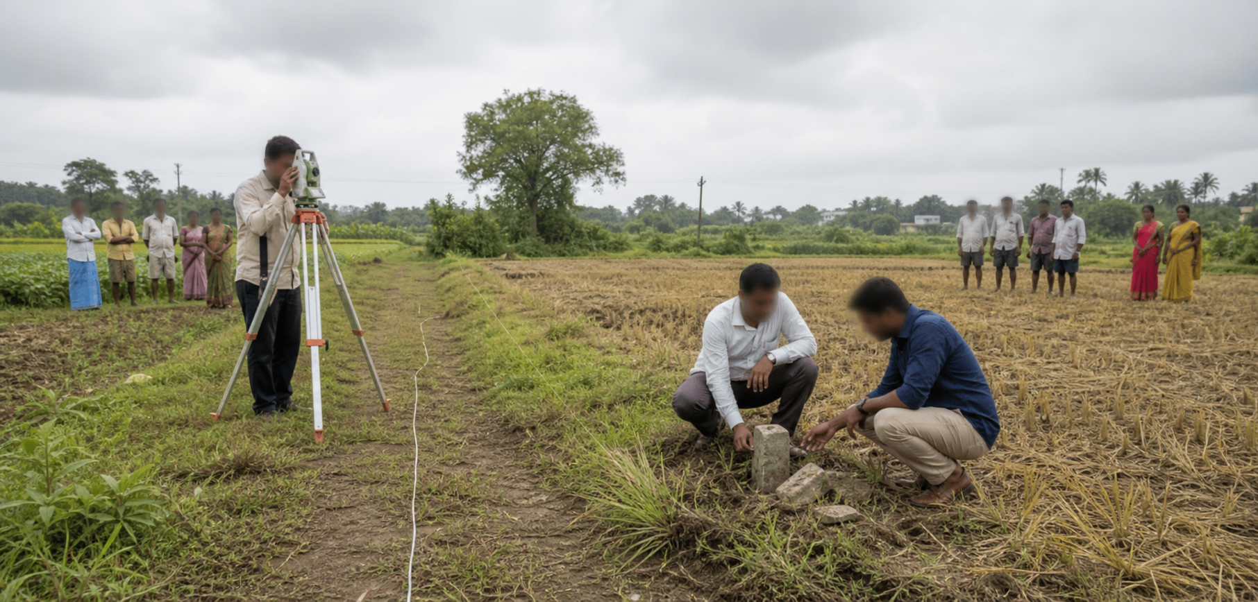 A surveyor and investigators inspect a broken boundary marker in a rural agricultural field.
