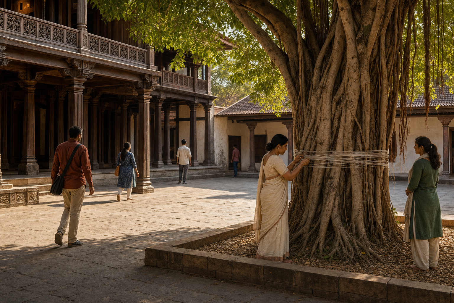 A woman performs a quiet banyan-tree ritual while a conservator and visitors share a protected heritage courtyard.