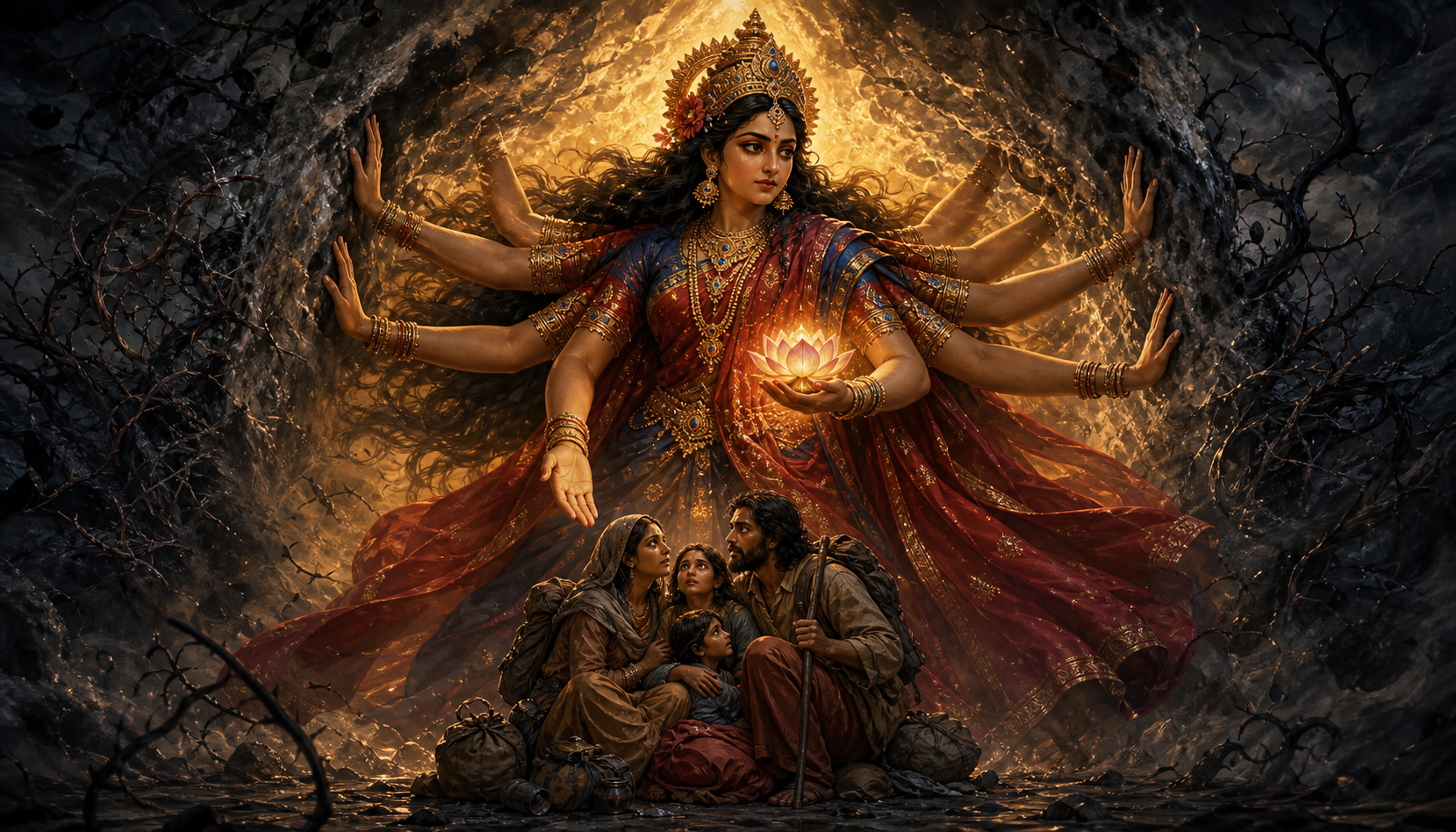 A many-armed mother goddess shields a group of travelers from surrounding smoke and thorns while holding a glowing lotus.