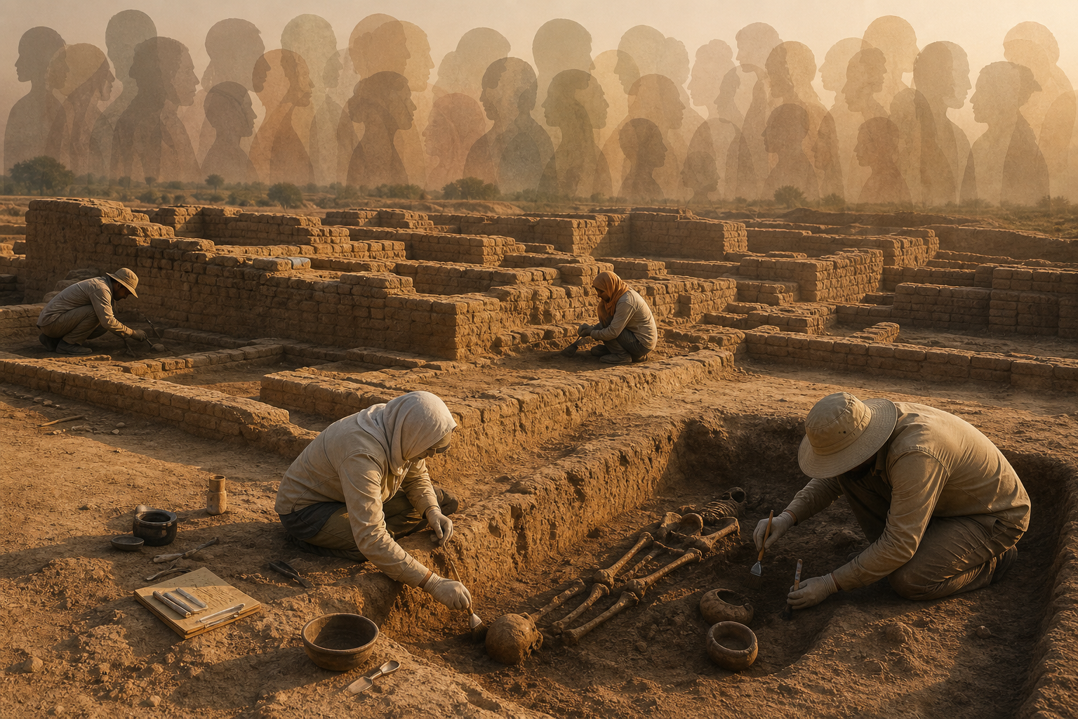 Archaeologists work around an ancient burial and mud-brick remains, with overlapping human silhouettes in the background.