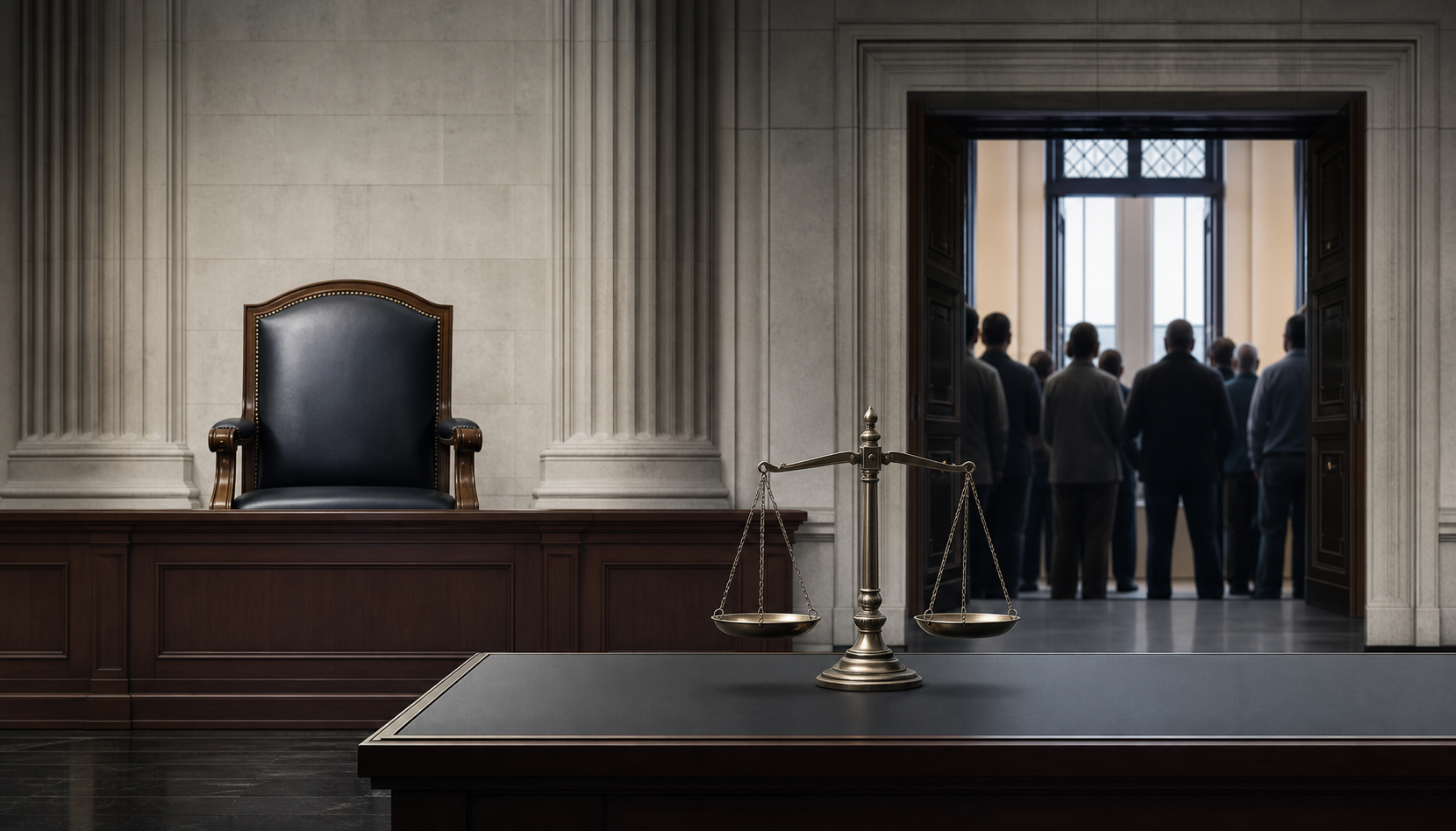 An empty official chair faces an investigation desk with a balance scale as citizens observe from a doorway.