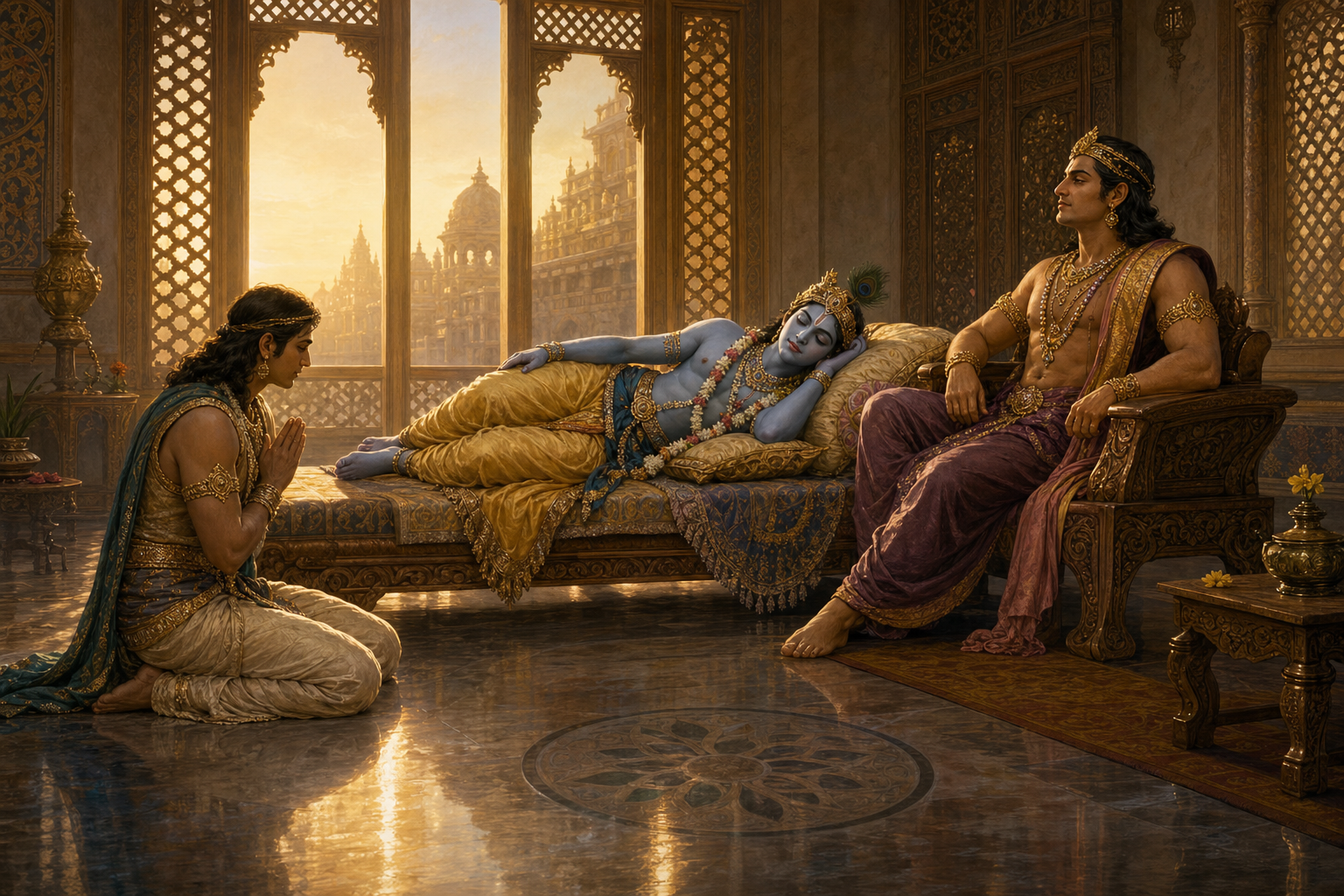 Arjuna waits with folded hands near Krishna's feet while Duryodhana sits near the head of Krishna's couch in a palace chamber.