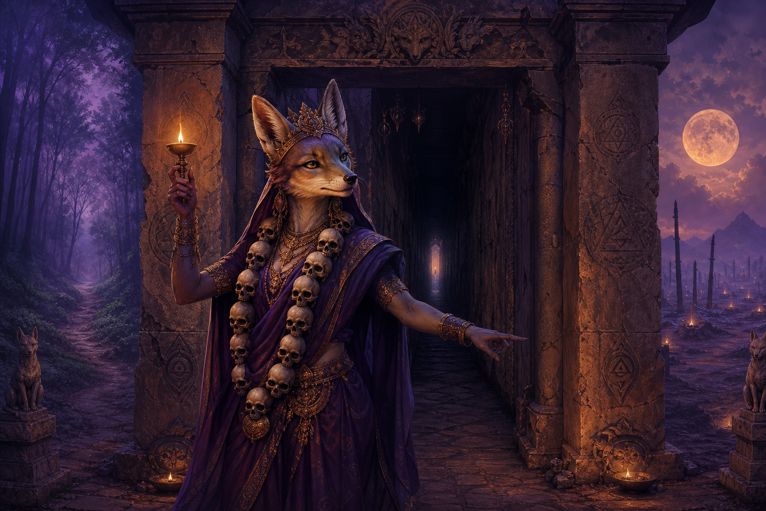 A fox-faced feminine guardian wearing a skull garland holds a lamp beneath a stone gateway between a forest and an open ash-covered landscape.