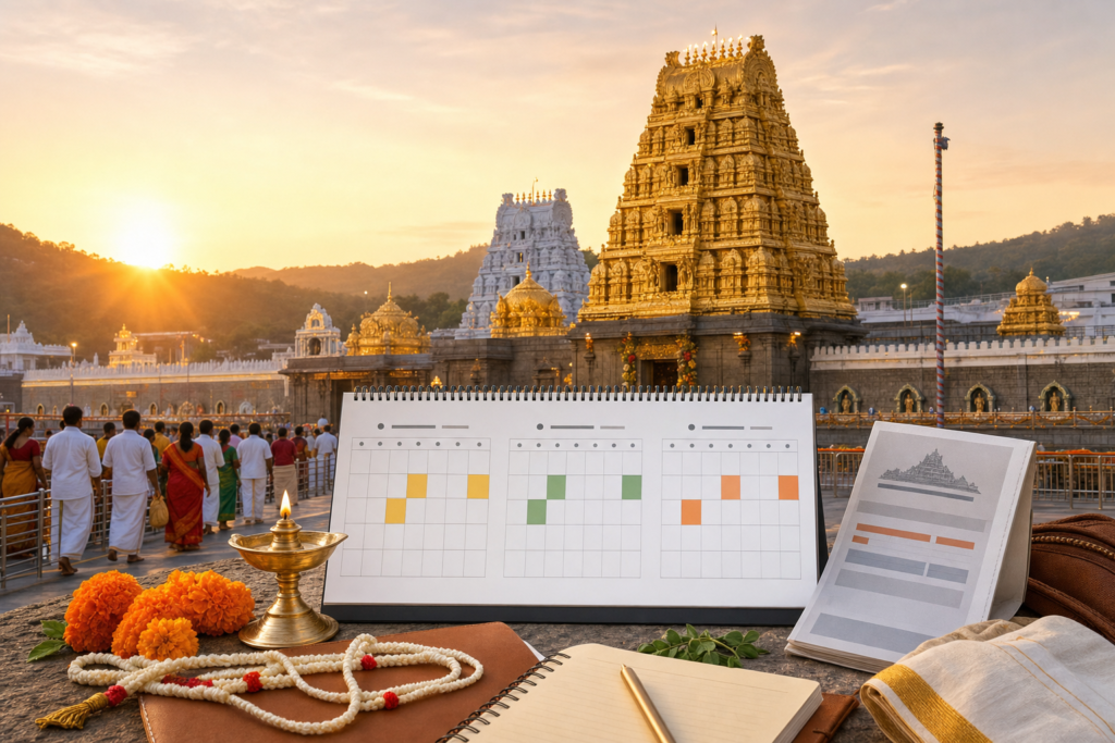 Tirumala temple pilgrimage planning scene with sunrise gopuram, devotional calendar, oil lamp, marigolds, and travel notes.