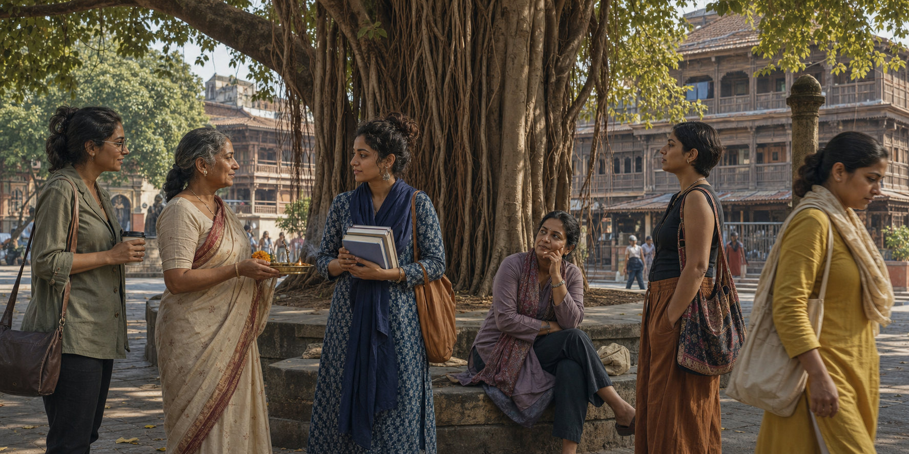 Women of different ages and styles gather beneath a banyan tree, with some participating in a ritual and others observing or passing by.