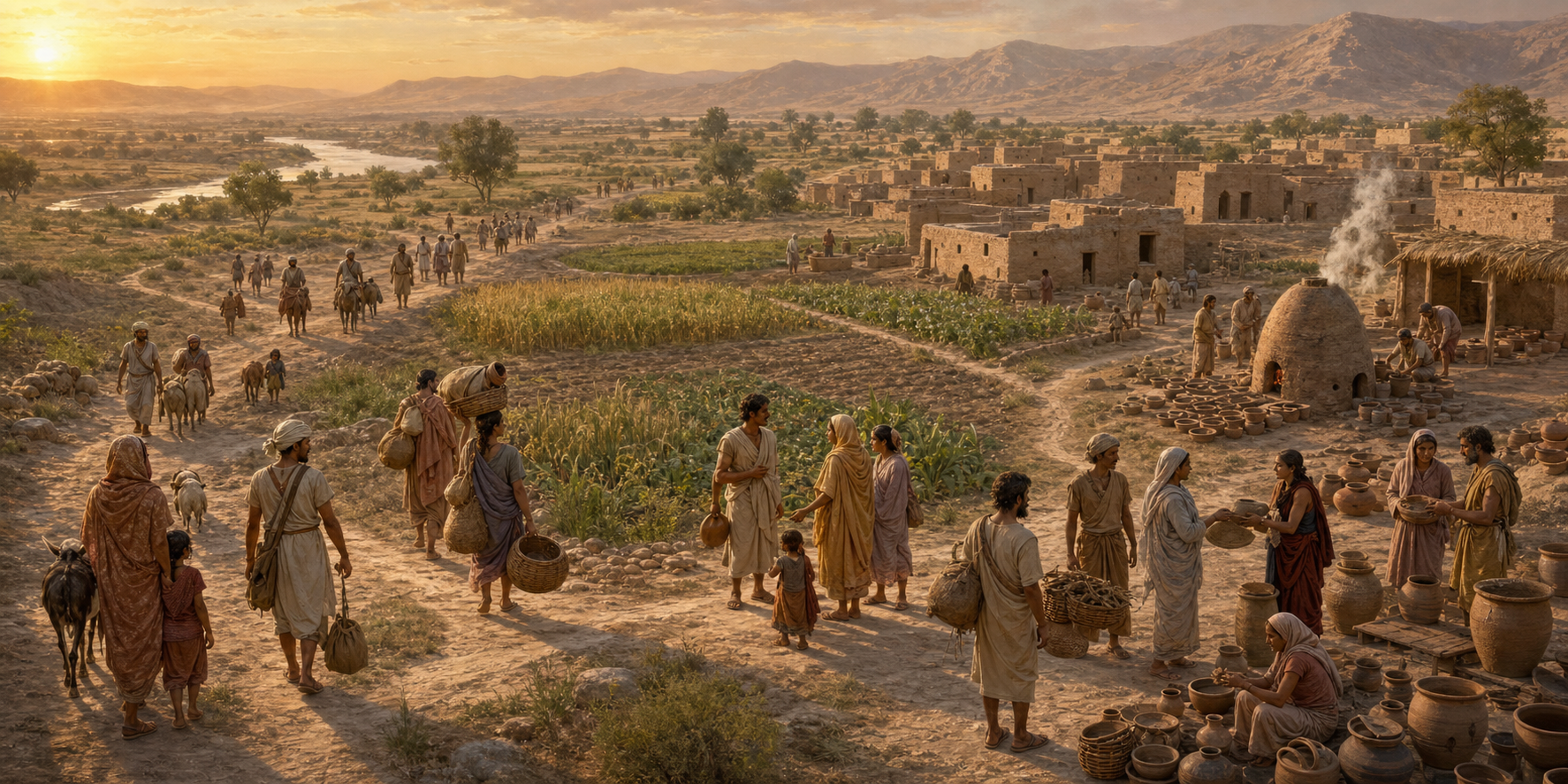 Small groups of migrants carrying household goods meet residents beside fields and mud-brick homes.