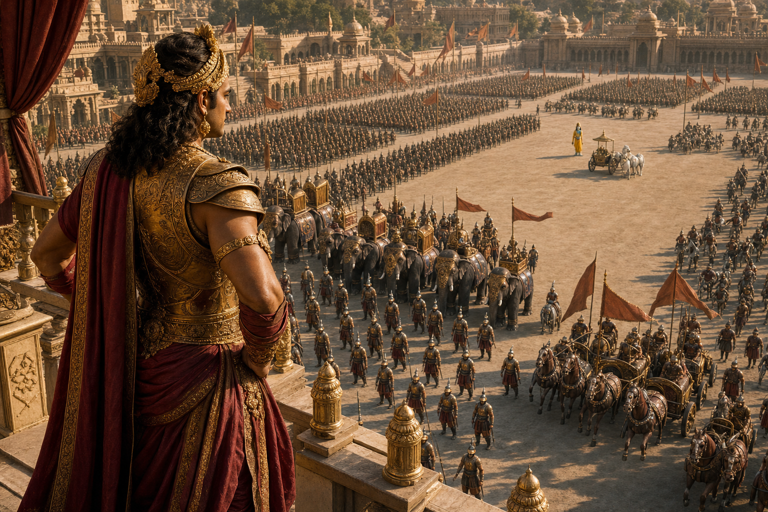 Duryodhana looks over ranks of soldiers, elephants and chariots while Krishna stands unarmed beside a chariot in the distance.