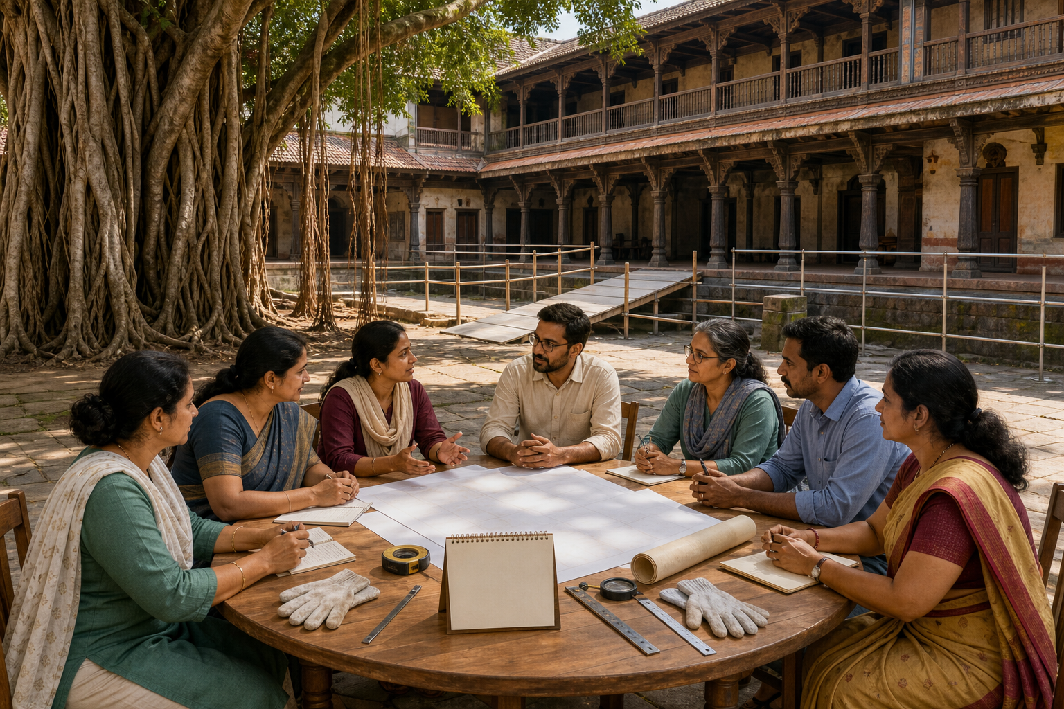 Community members and heritage officials discuss site management around a table beside a banyan tree and historic wada.