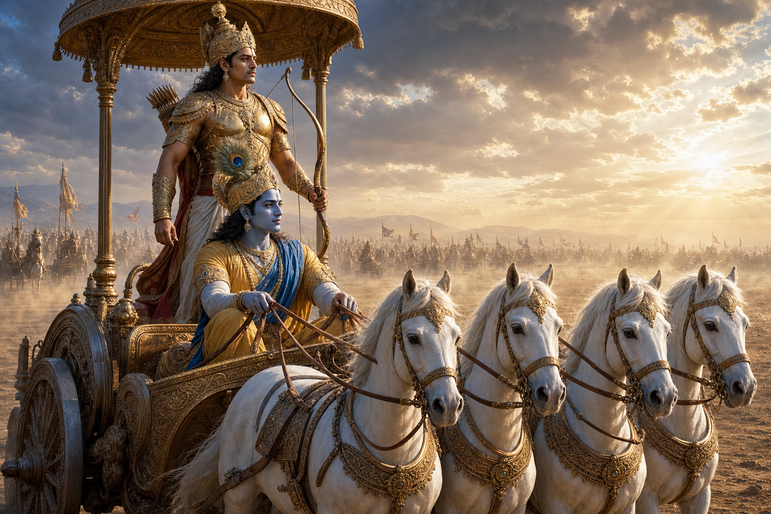 Krishna holds the reins of Arjuna's four-horse chariot while Arjuna stands behind him with his bow on a hazy battlefield.