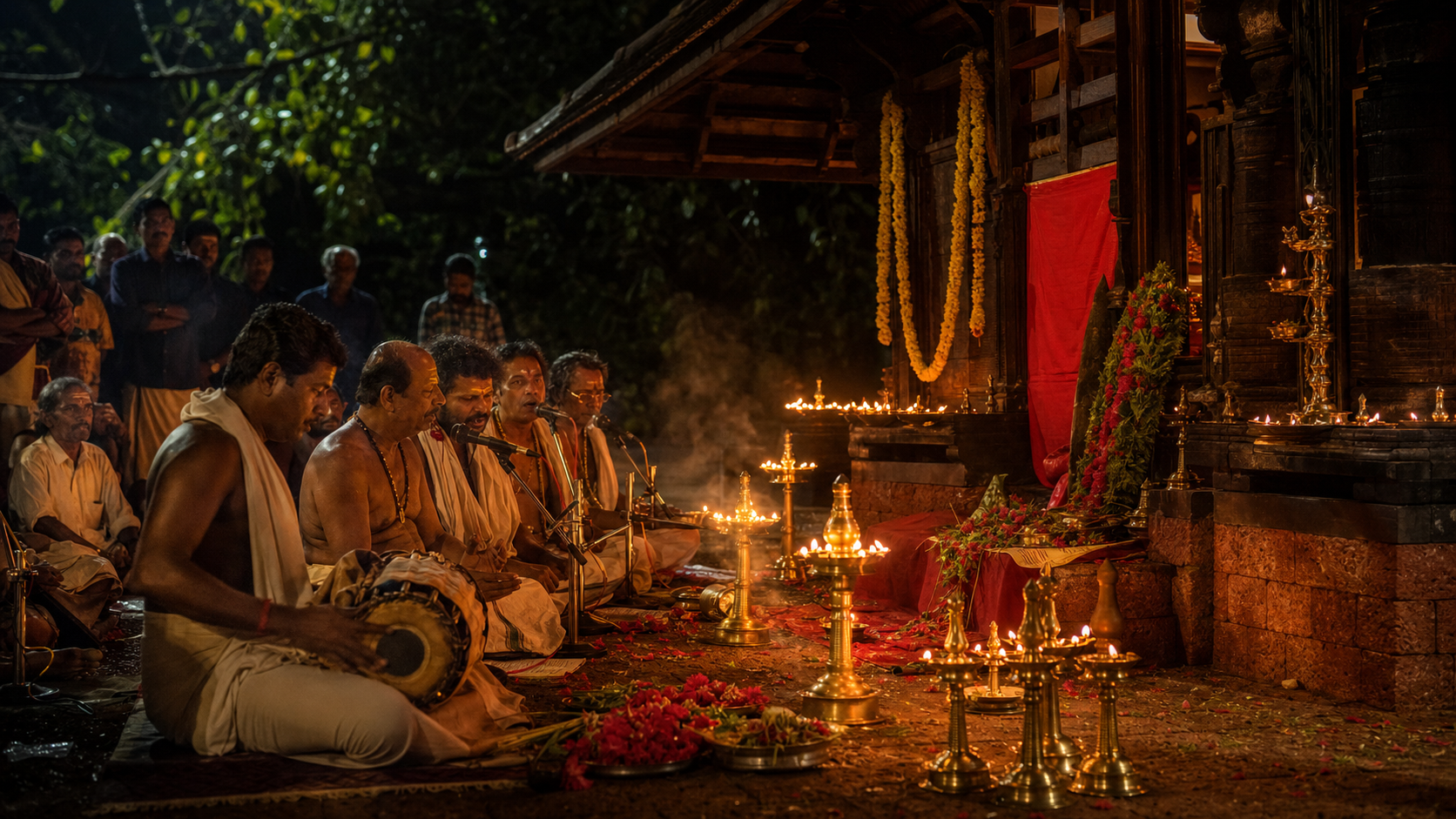Traditional singers perform beside oil lamps and offerings at a nighttime Bhagavathi shrine in Kerala.