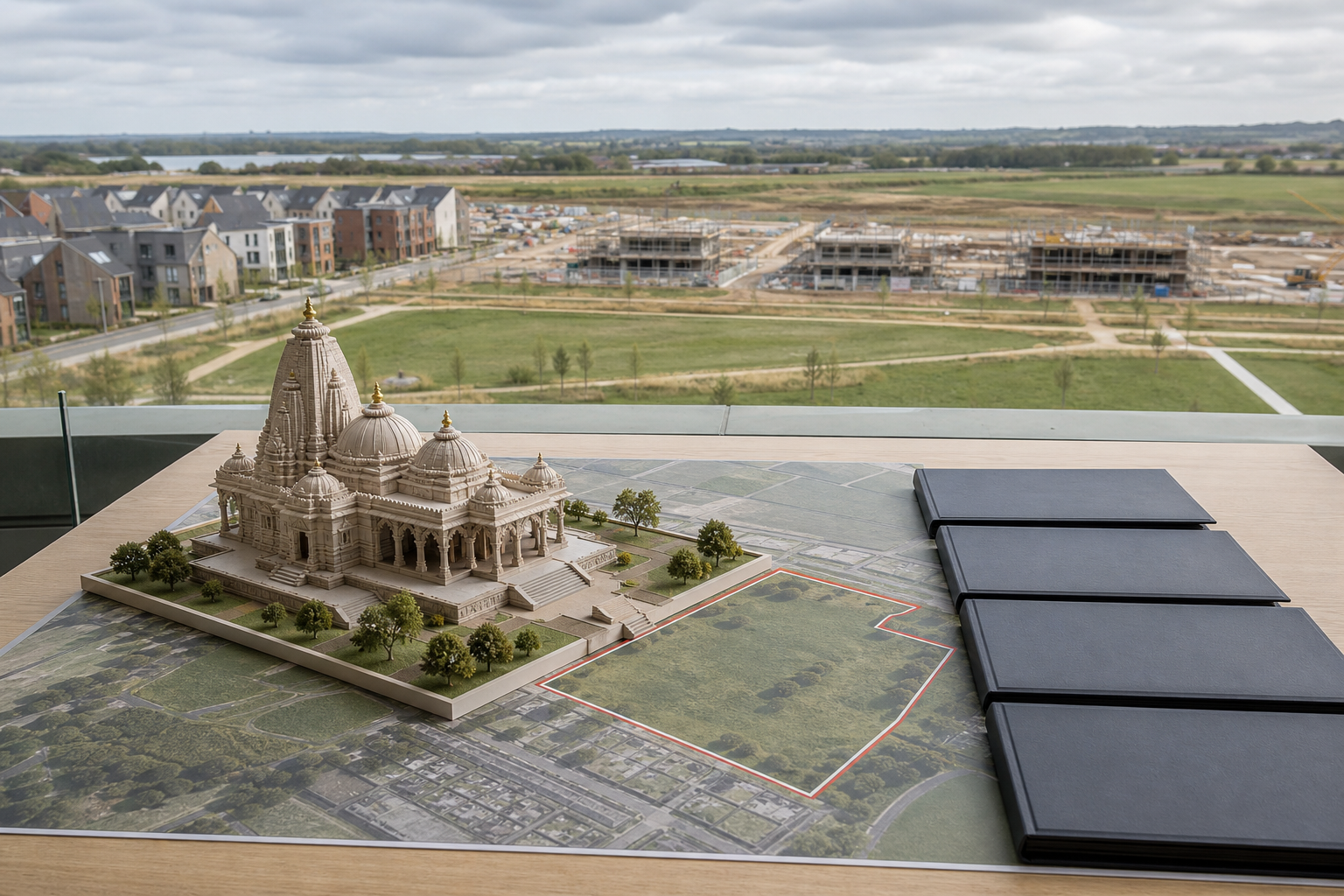 A scale model of a Hindu temple and unlabelled bid folders beside a marked development site in a modern English new town.