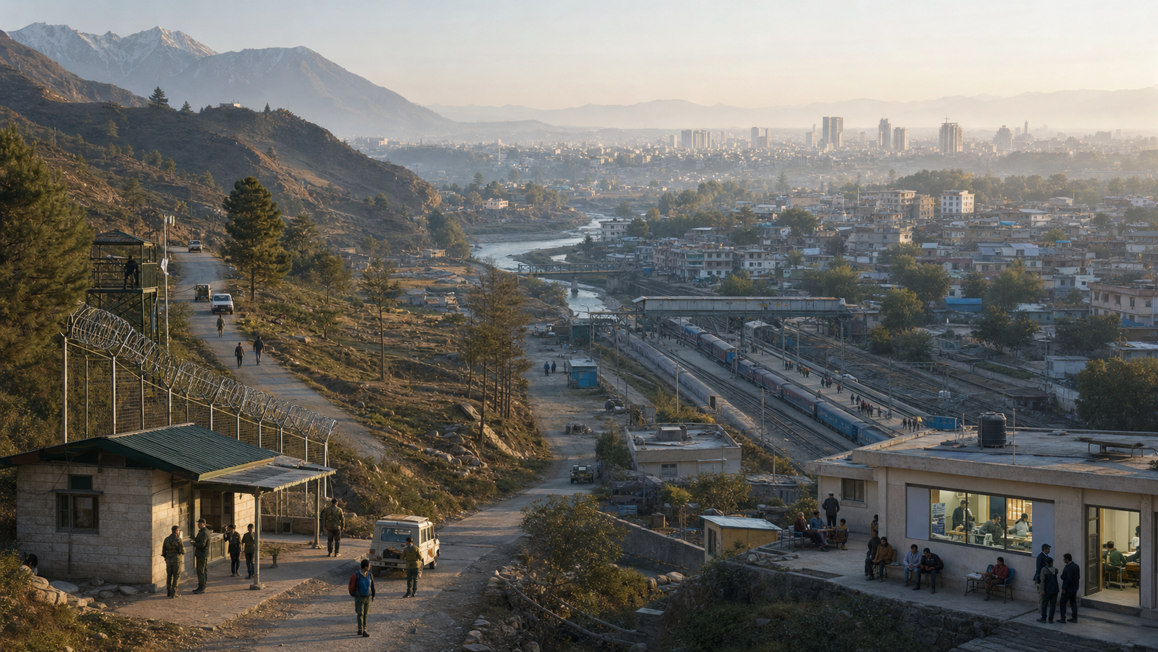 A border checkpoint, transport links, public offices and urban neighborhoods shown as a connected landscape from a remote frontier to a city.