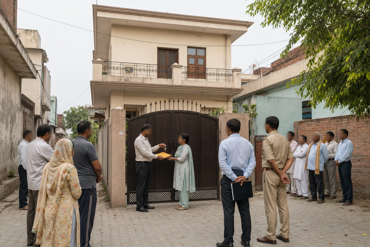 मुजफ्फरनगर की एक आवासीय गली में मकान के बाहर चाबियों और दस्तावेजों के साथ दो लोग, पास खड़े पड़ोसी और स्थानीय अधिकारी।