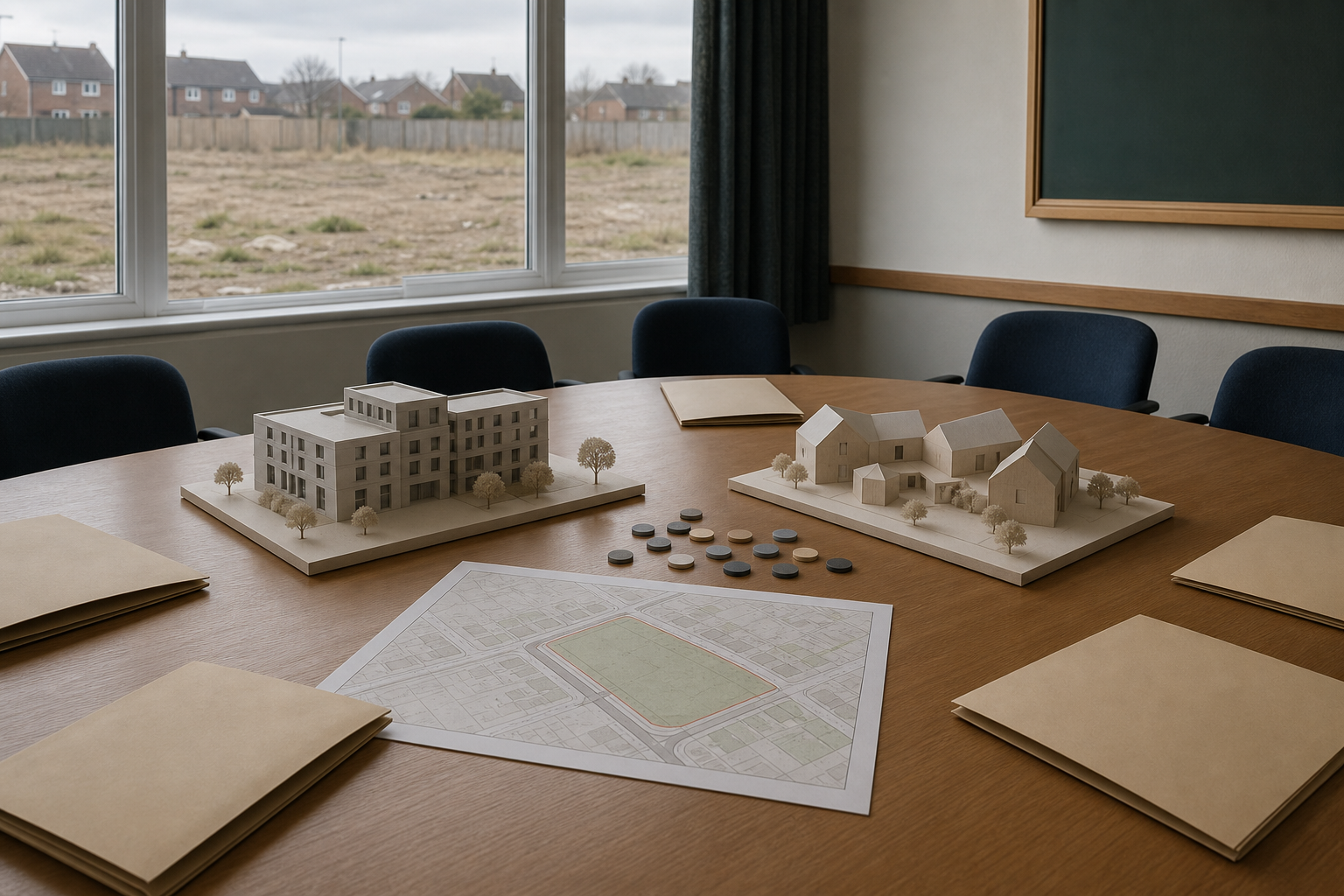An unlabelled site map, two building models and bid folders arranged on a table in a council meeting room.